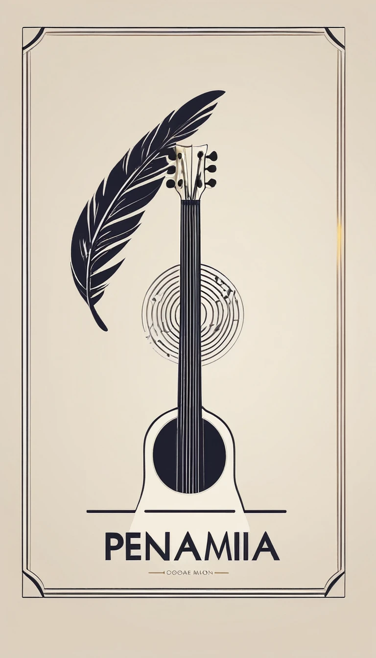 A minimal, high quality, modern, simple, cinematic symbol design for the brand “Penamemoria". The logotype must be a simple, magical feather and a boy playing acoustic guitar. The logo must convey a sense of music, stories and dreams. Logo design impressed on a book cover. Minimalistic logo
