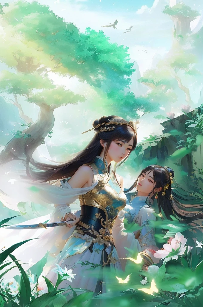 Anime girl holding a sword and bird in the background, xianxia fantasy, Chinese Fantasy, author：Yang J, Fantasy art style, author：Cold plum, Beautiful character painting, palace ， Girl wearing Hanfu, A beautiful artistic illustration, Anime fantasy illustration, author：Fan Qi, Beautiful fantasy queen, Li Song, guweiz style artwork