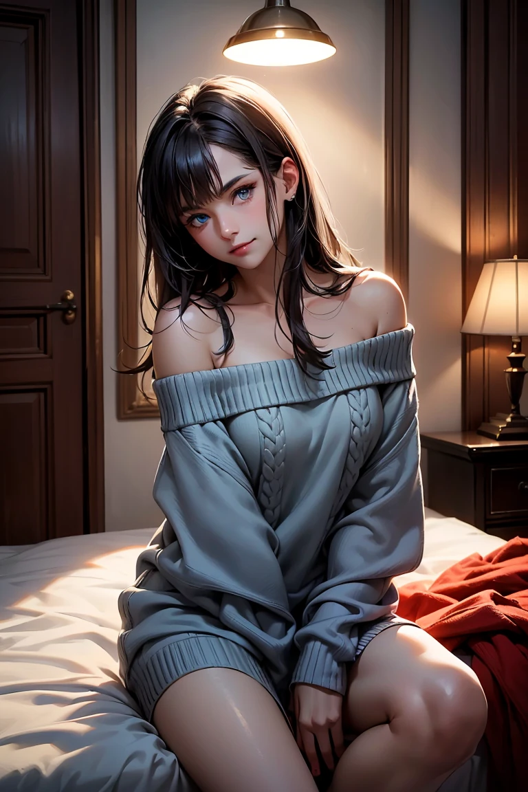 Masterpiece, Best Quality, high resolution, ultra detailed, slight smile, a woman with long dark hair with bangs, light blue eyes, A beautiful girl looking at the camera., front view, ((light red off shoulder sweater,)) bare legs, evening, warm interior room, image illuminated by a small lamp, depth of field, (Half body: 0.6),