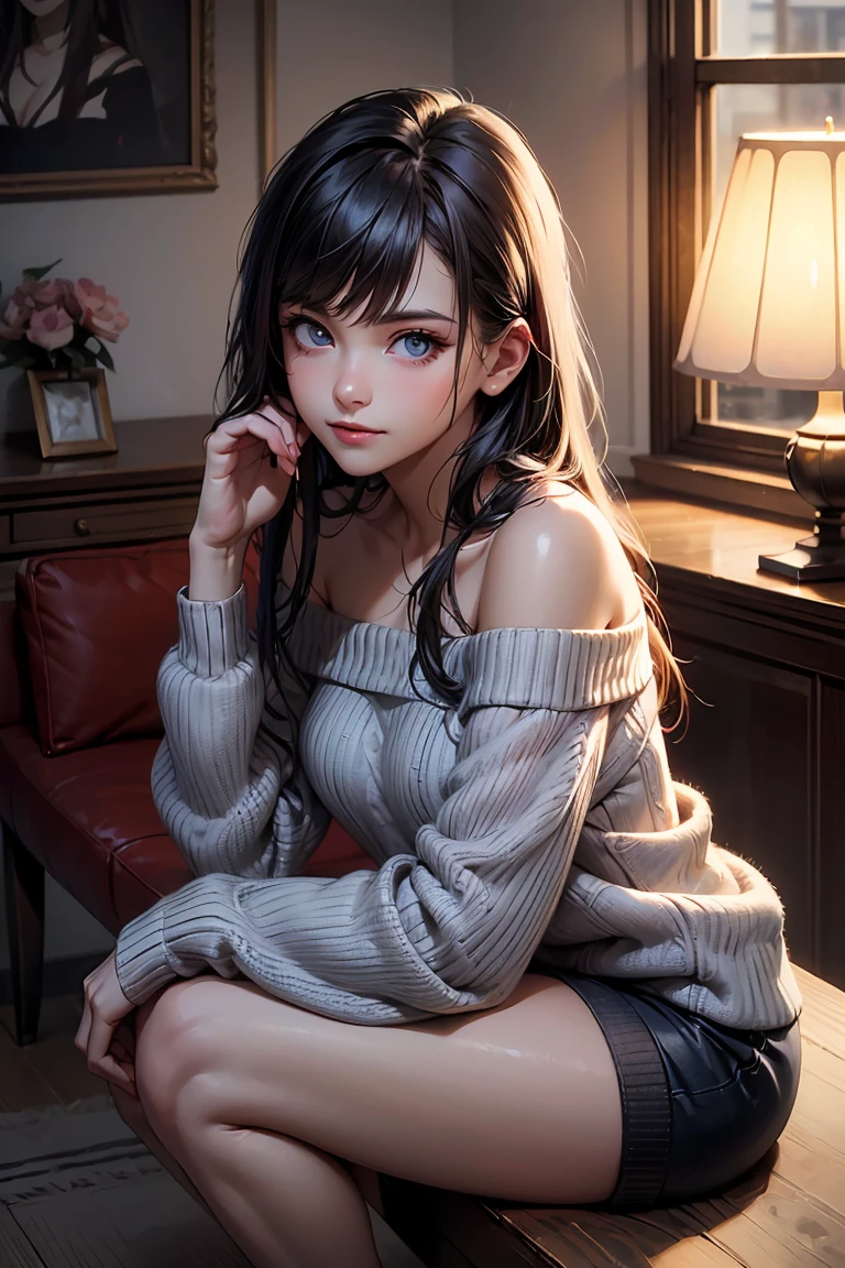 Masterpiece, Best Quality, high resolution, ultra detailed, slight smile, a woman with long dark hair with bangs, light blue eyes, A beautiful girl looking at the camera., front view, ((light red off shoulder sweater,)) bare legs, evening, warm interior room, image illuminated by a small lamp, depth of field, (Half body: 0.6),