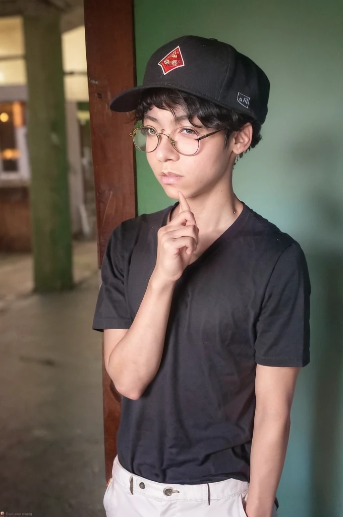 (cpzrinn masterpiece), ((20 years old)), (1boy), young boy, BREAK, (dark skin), ((Masterpiece)), ((best quality)), (super detail), (High Definition:1.3), (Professional Photography:1.2), ((absurdres)), BREAK, ( dark scene: 1.0 ), ((wearing a cap)), ((wearing round gold glasses)), (city at night: 1.5), ((best quality)),