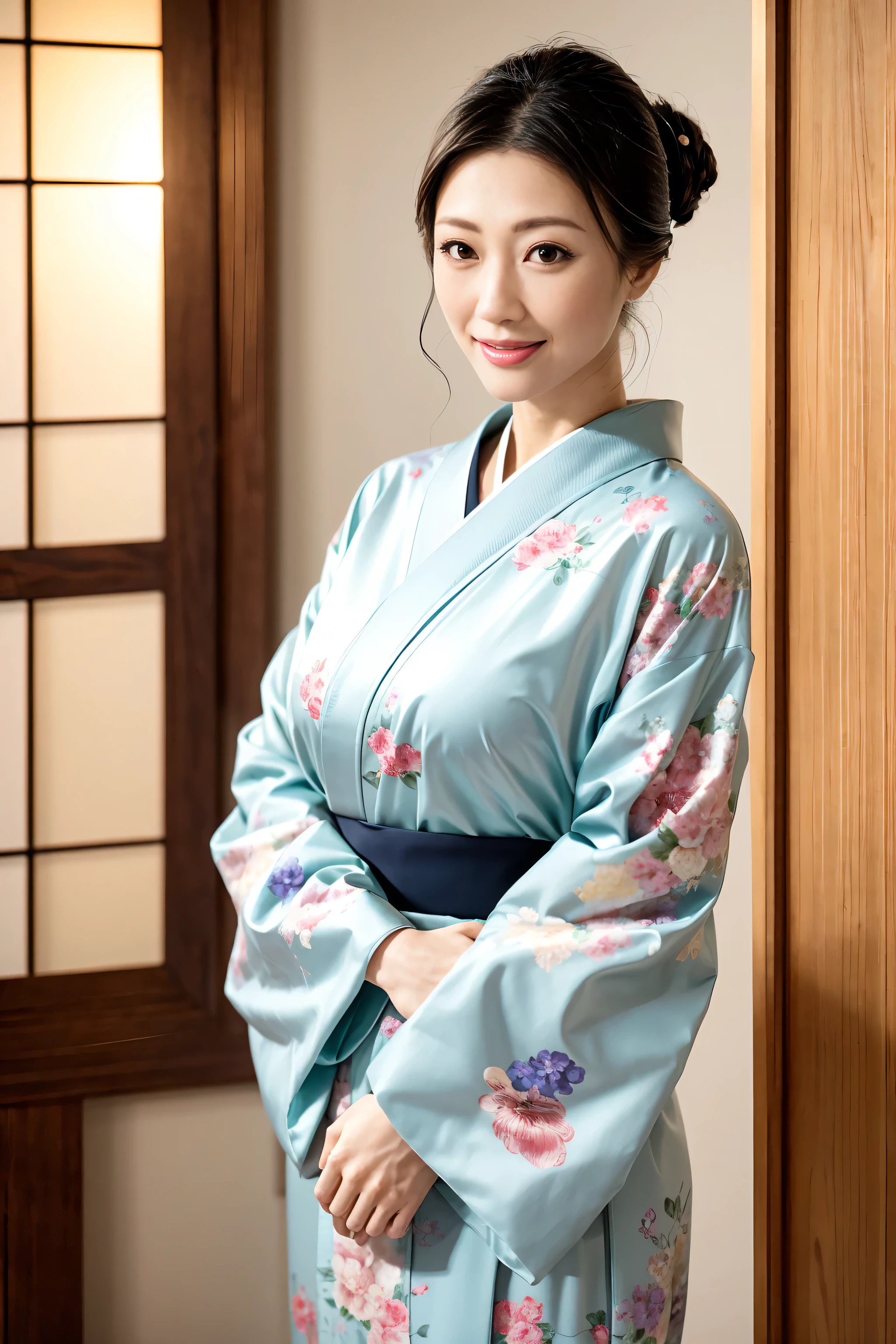 (Highest quality、Tabletop、8k、Best image quality、Award-winning works)、(One beautiful mature woman:1.1)、Mature Face、(The Lady of Shimada Style:1.1)、(Elegant floral kimono:1.2)、(A kimono with a perfect and precise collar:1.2)、Perfect mature woman portrait photo、Glowing Skin、Standing Elegantly、(Blurred elegant and exquisite perfect Japanese style room background:1.3)、(The most natural and perfect tidy Japanese style room background:1.2)、Glowing White Skin、Very white skin、(Accentuate your body lines:1.1)、(The most graceful posture:1.2)、(Large Breasts:1.2)、A perfect smile、Perfect beautiful glossy lips、(Accurate anatomy:1.1)、(A perfect and elegant kimono:1.1)、(Standing with good posture:1.1)、Face close-up