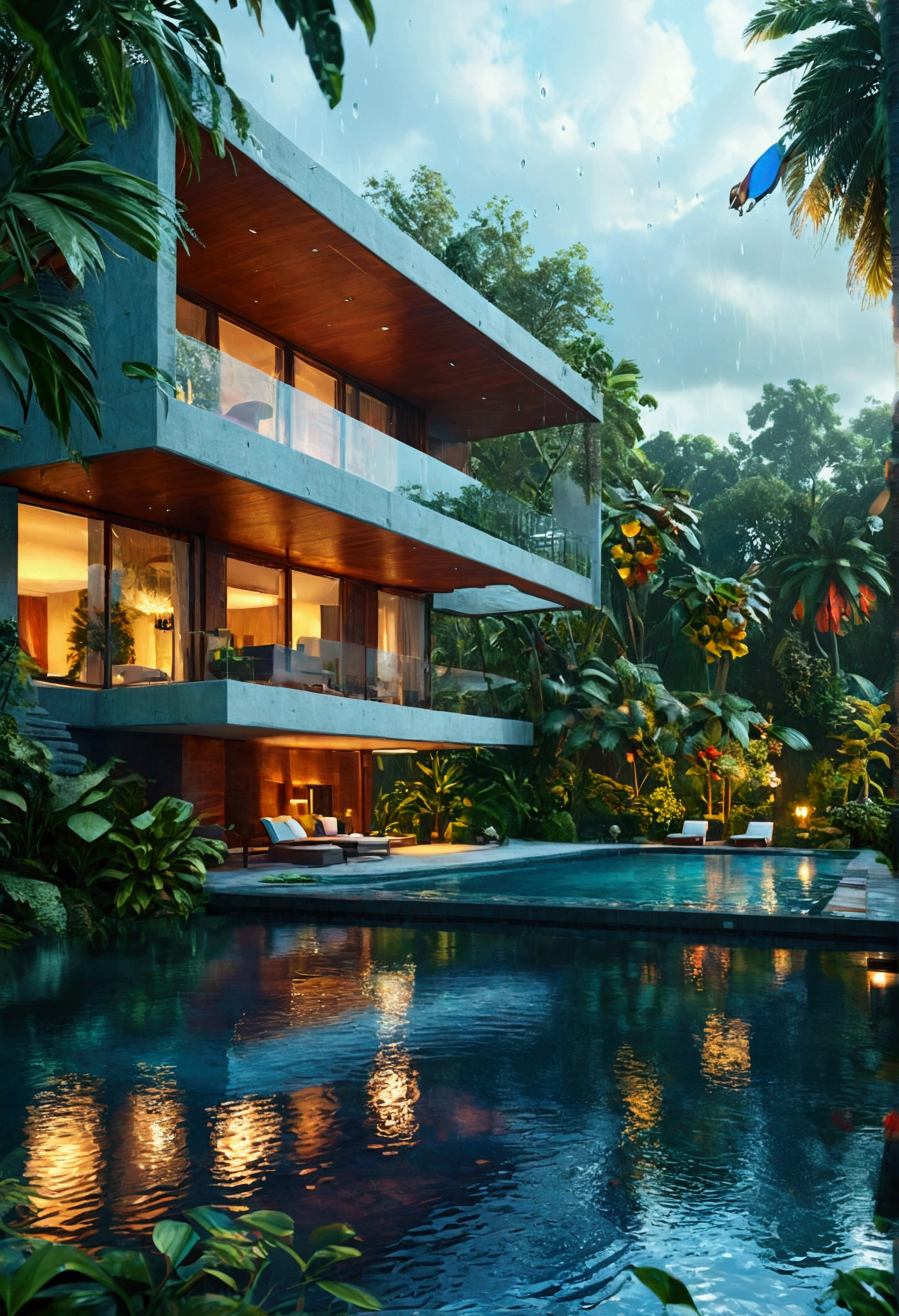 modern villa- nature- afternoon- lake- magical- ultrarealistic-raining-tropical nature