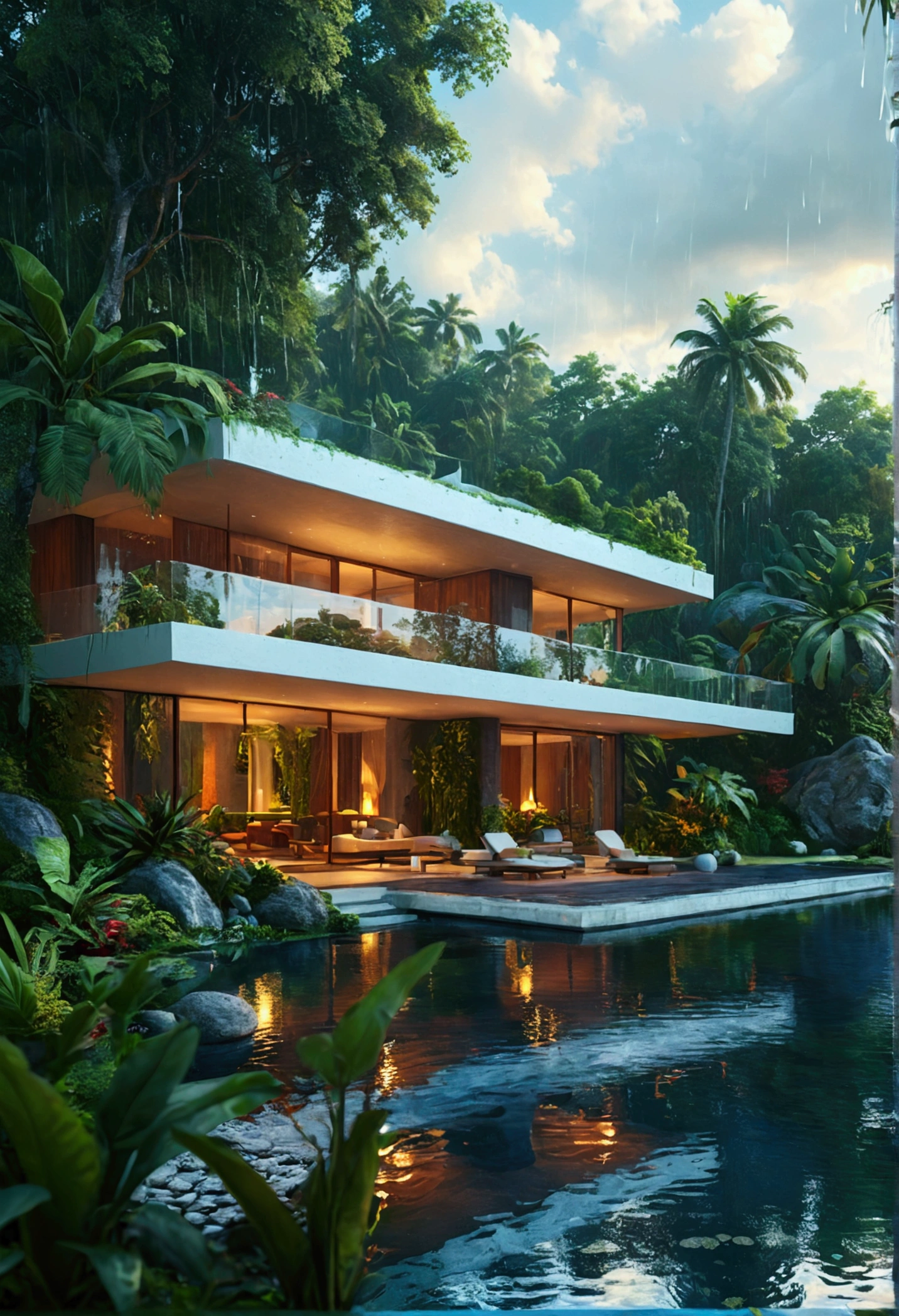 modern villa- nature- afternoon- lake- magical- ultrarealistic-raining-tropical nature