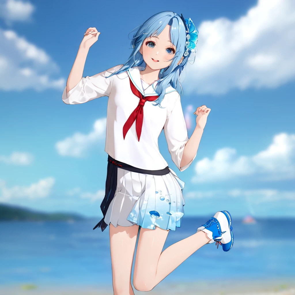 Anime girl with blue hair, white shirt and blue shoes, Jellyfish Shrine Maiden 8k, rei hiroe, Inspired by Rei Kamoi, Mikudayo, Anime girl running, Anime-style 3D, Pause(Raise the hand + Happy), 3d anime girl, Anime girl walking on water, render of a cute 3d anime girl, Anime-style characters