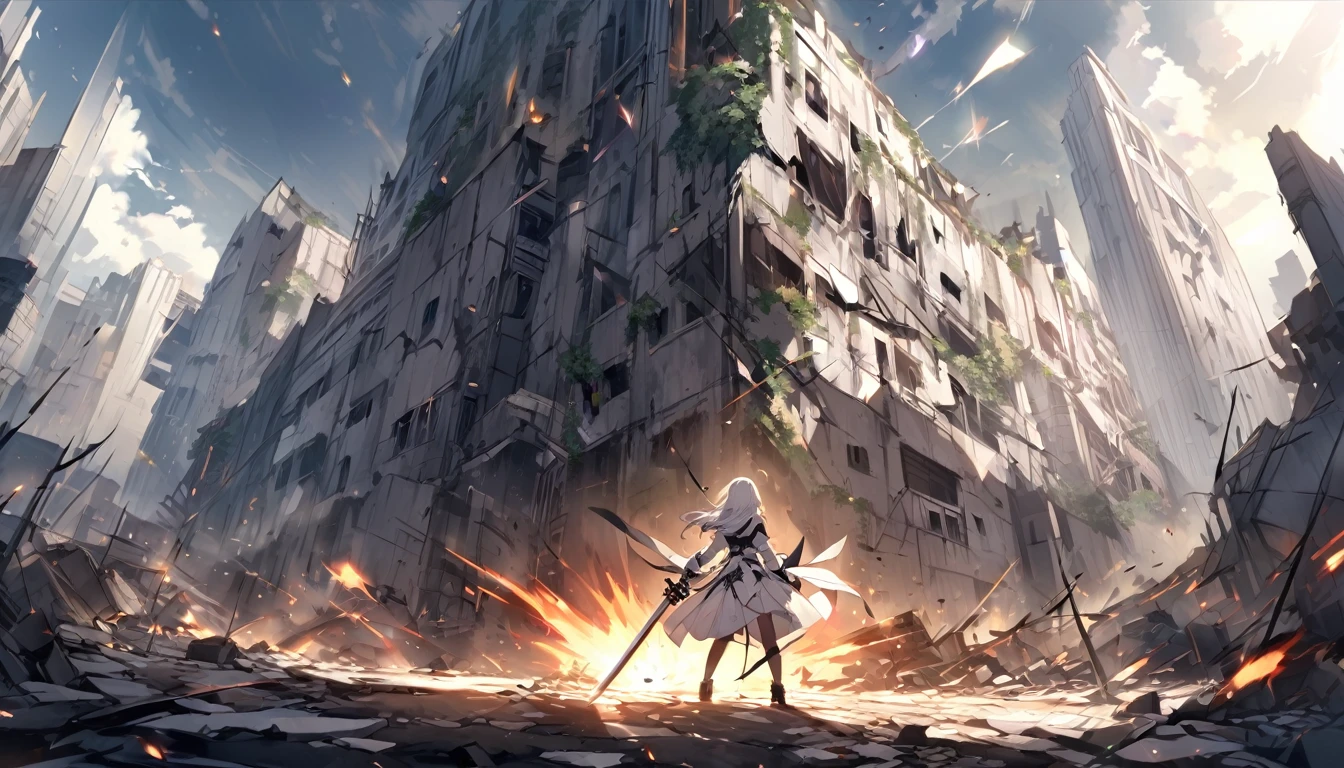 mysterious。White Hair Girl。Detailed Background。White Hair Girlが大きな剣を持っているシーン。Light is shining from the sword、Showing her determination and strength。The background is a ruined city and a battlefield.。