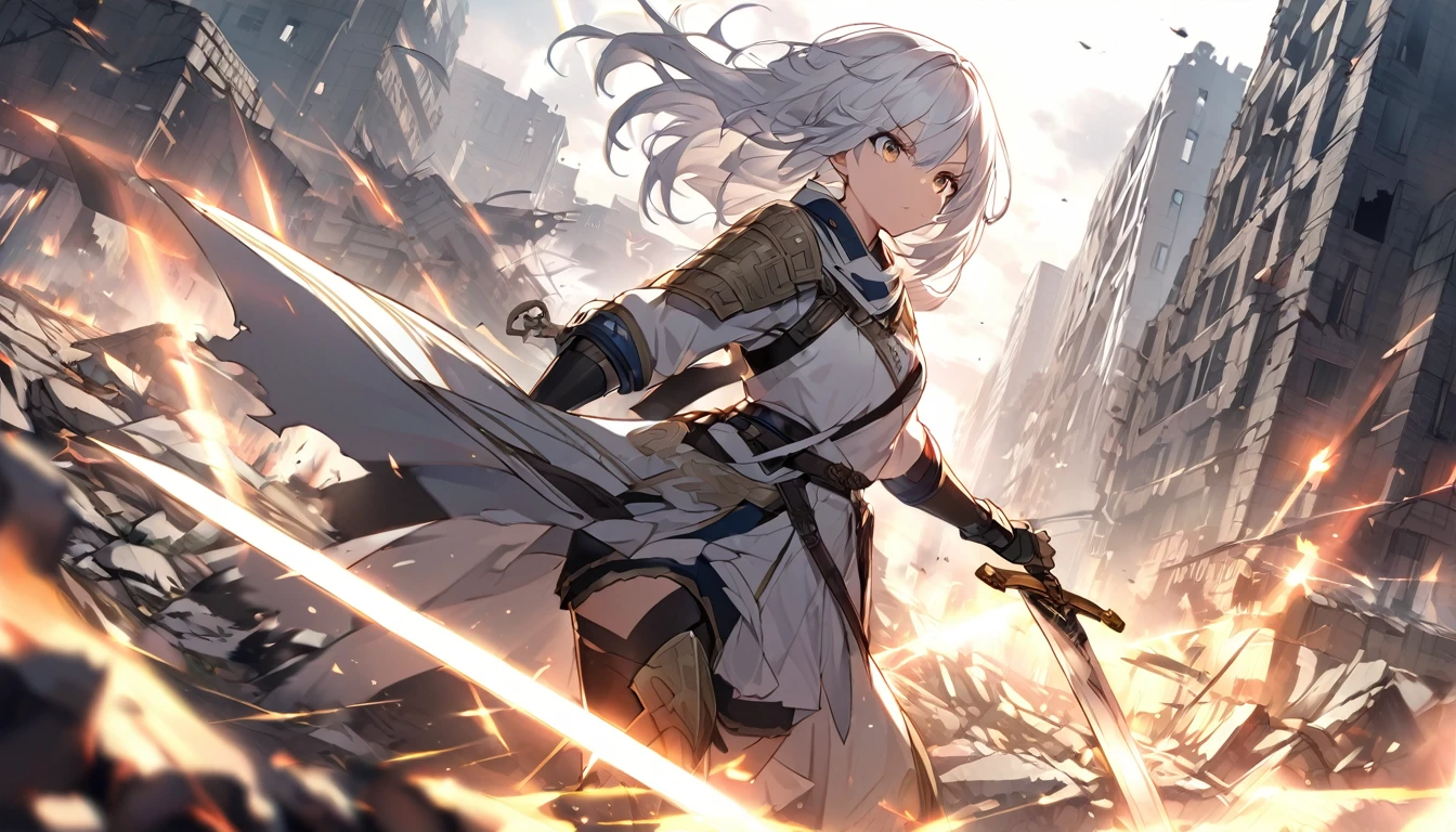 mysterious。White Hair Girl。Detailed Background。White Hair Girlが大きな剣を持っているシーン。Light is shining from the sword、Showing her determination and strength。The background is a ruined city and a battlefield.。