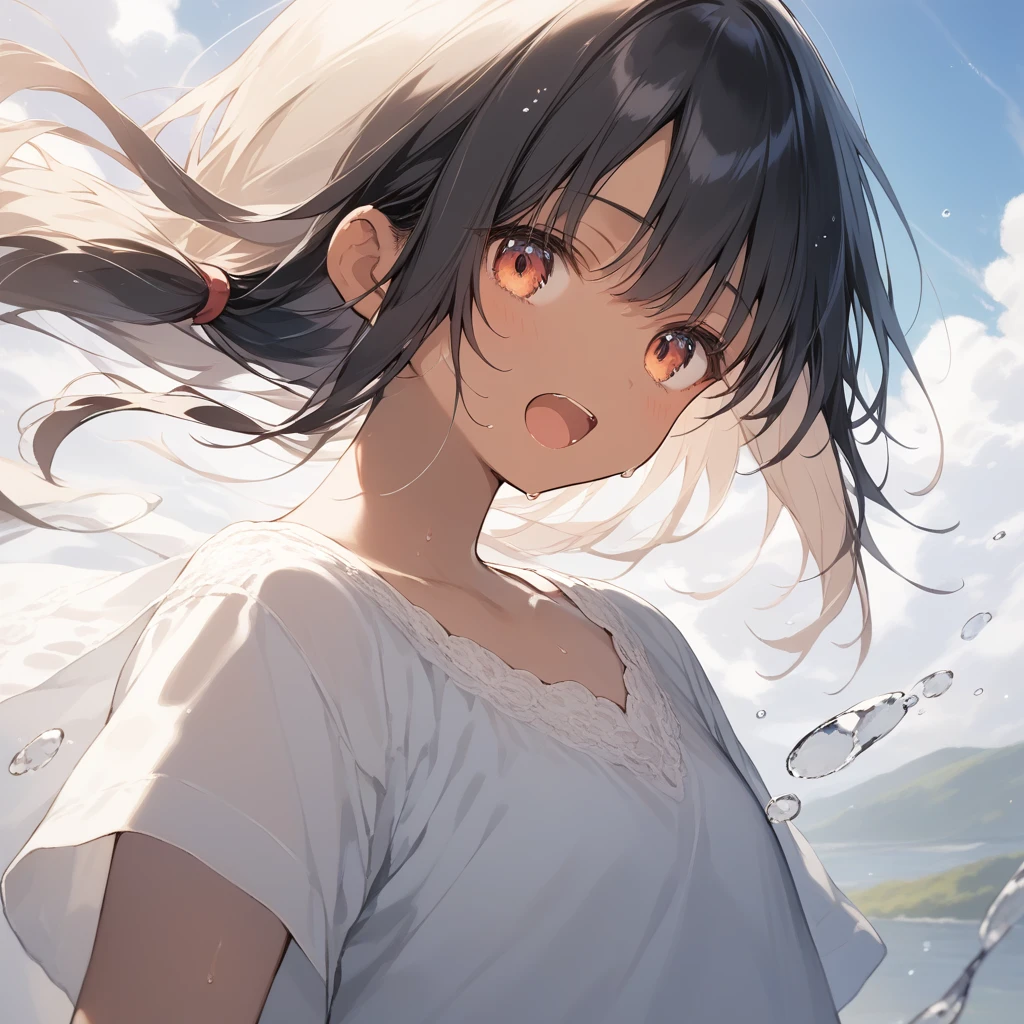 score_9, score_8_up, score_7_up, source_anime, best quality, masterpiece, official art, absurdres, highres, ultra-detailed,waifu2x,Collection: Slice of Life,break,1girl, tomboy, dark-skinned female, short hair, low ponytail, flat chest, beautiful detailed eyes, short shorts, sweat, open mouth, (yawn:0.3), sleepily, outdoors, wind,break,(clear line illustration:1.2), super detailed skin,very high resolution, very aesthetic, Best sexual lighting powered by famous artist, 8k,cute picture,beauty illustration,photoshop_(medium),,(Detailed Lighting),best anime 8k konachan wallpaper, pixiv contest winner, 