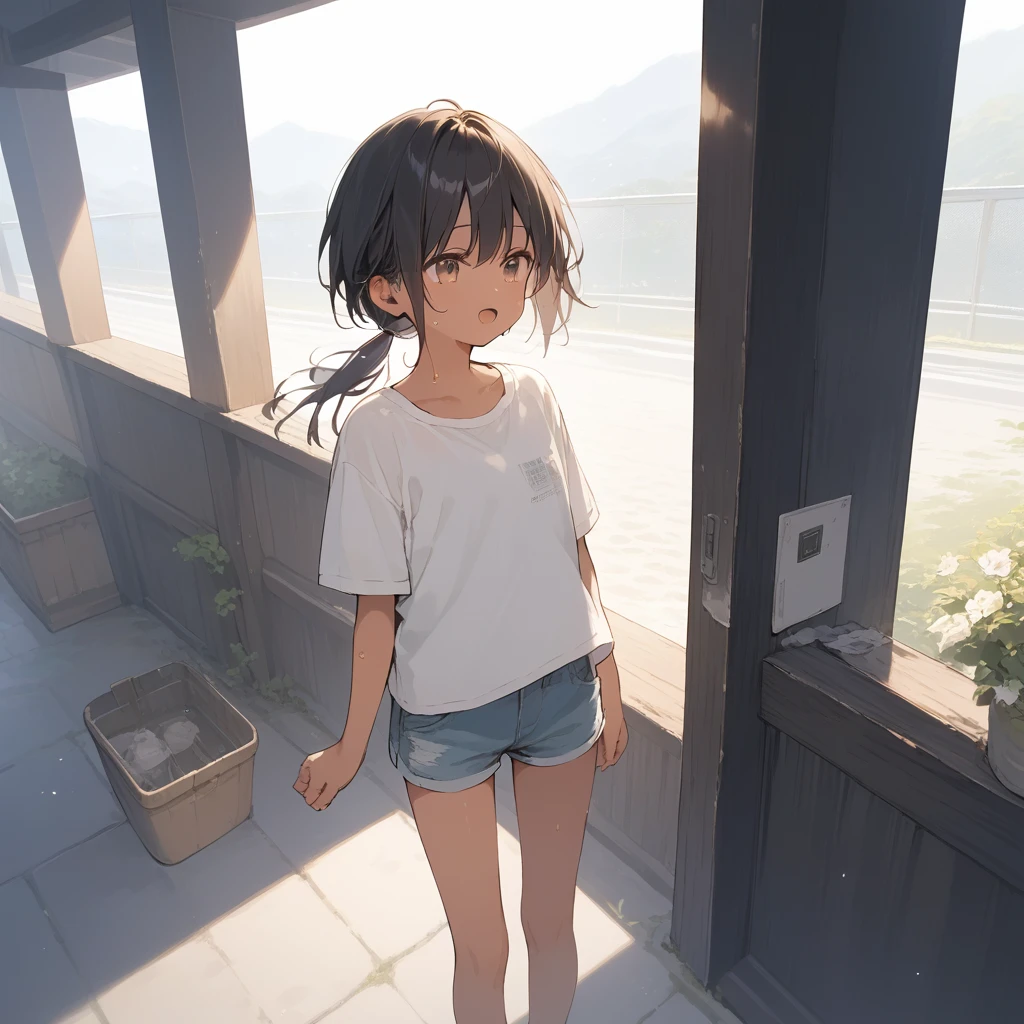 score_9, score_8_up, score_7_up, source_anime, best quality, masterpiece, official art, absurdres, highres, ultra-detailed,waifu2x,Collection: Slice of Life,break,1girl, tomboy, dark-skinned female, short hair, low ponytail, flat chest, beautiful detailed eyes, short shorts, sweat, open mouth, (yawn:0.3), sleepily, outdoors, wind,break,(clear line illustration:1.2), super detailed skin,very high resolution, very aesthetic, Best sexual lighting powered by famous artist, 8k,cute picture,beauty illustration,photoshop_(medium),,(Detailed Lighting),best anime 8k konachan wallpaper, pixiv contest winner,