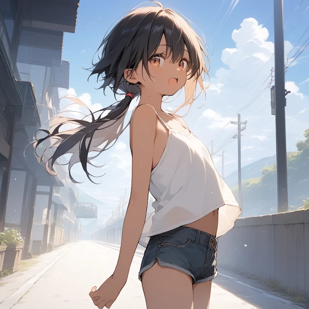 score_9, score_8_up, score_7_up, source_anime, best quality, masterpiece, official art, absurdres, highres, ultra-detailed,waifu2x,Collection: Slice of Life,break,1girl, tomboy, dark-skinned female, short hair, low ponytail, flat chest, beautiful detailed eyes, short shorts, sweat, open mouth, (yawn:0.3), sleepily, outdoors, wind,break,(clear line illustration:1.2), super detailed skin,very high resolution, very aesthetic, Best sexual lighting powered by famous artist, 8k,cute picture,beauty illustration,photoshop_(medium),,(Detailed Lighting),best anime 8k konachan wallpaper, pixiv contest winner,