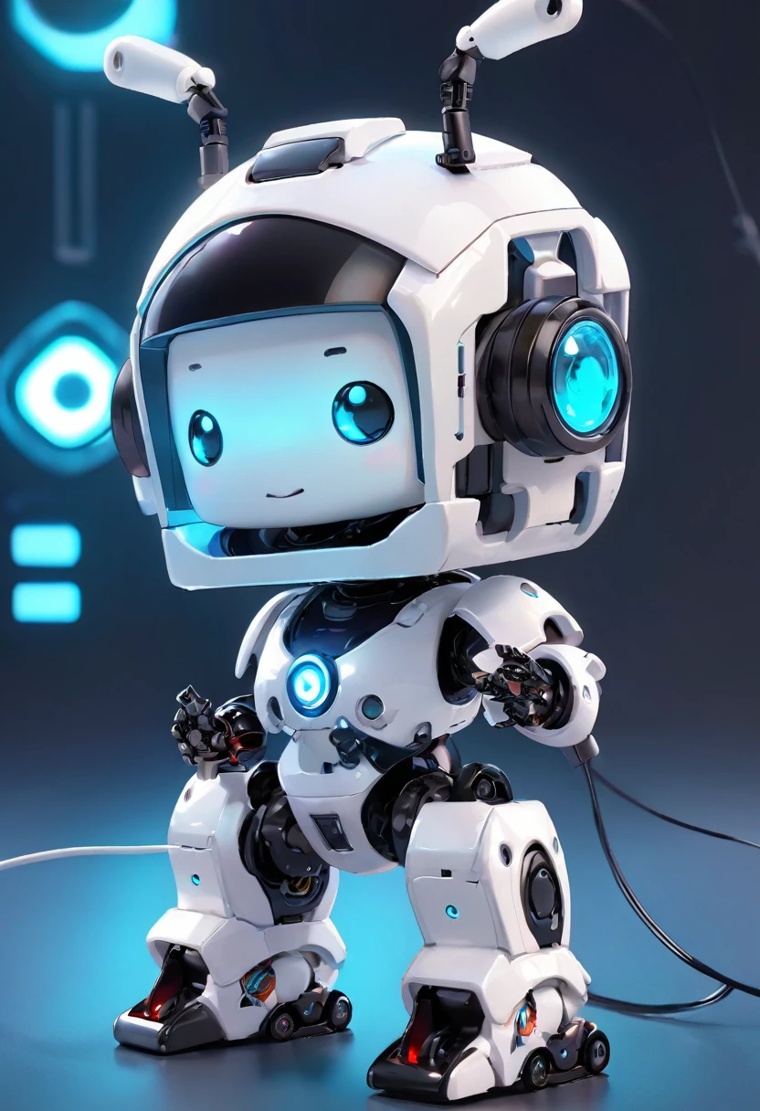 ((Dice-themed robot)), 3D Rendering, Jongsuk Lee, Digital Art, Adorable glowing creatures, Nendoroid-like style, Futuristic Gear Shiny White Armor、A cute girl robot、antenna、Electronic display panel on chest、Holding the microphone close to his mouth while speaking、Smiling Kindly、whole body、Background is white、Are standing