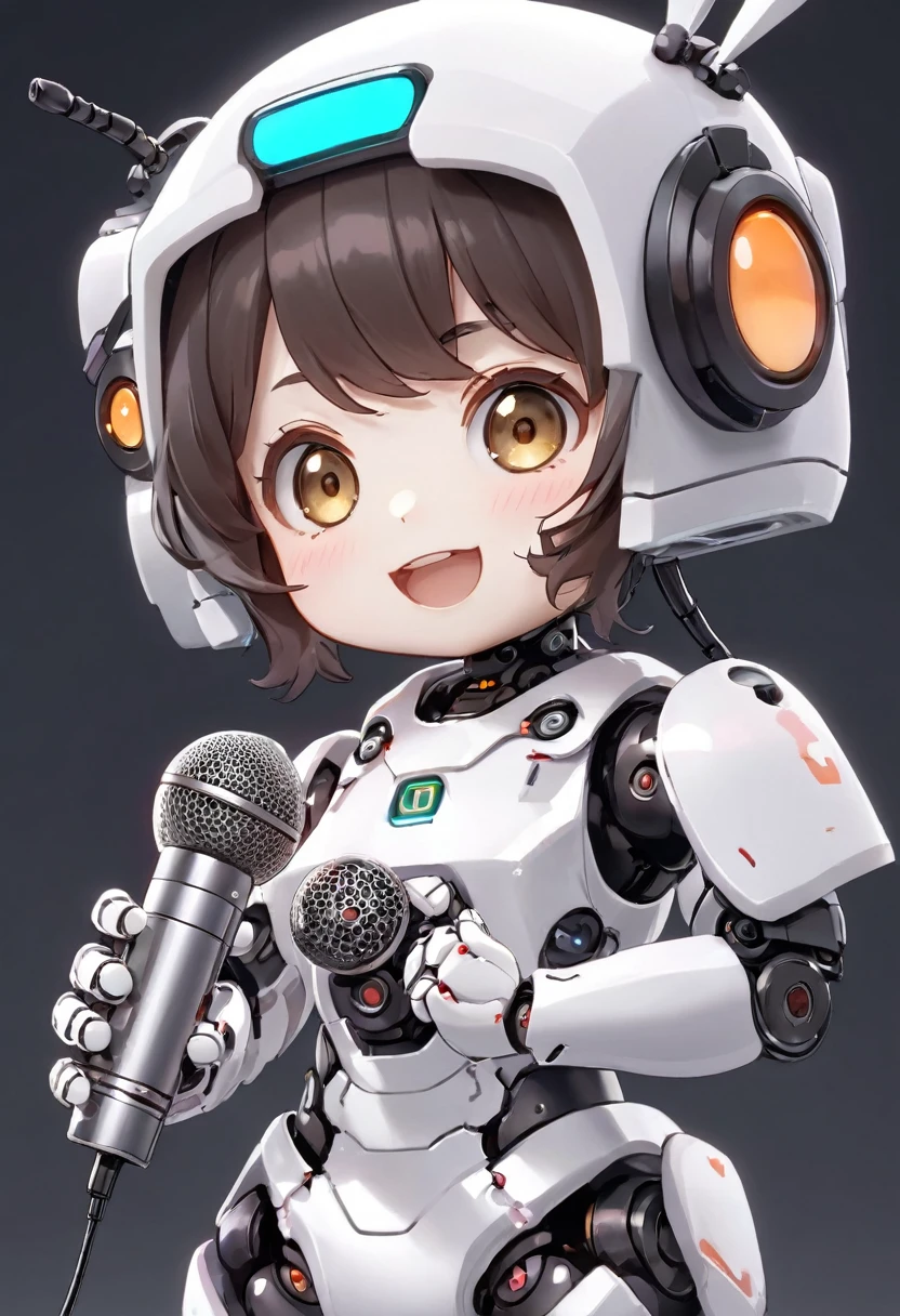 ((Dice-themed robot)), 3D Rendering, Jongsuk Lee, Digital Art, Adorable glowing creatures, Nendoroid-like style, Futuristic Gear Shiny White Armor、A cute girl robot、antenna、Electronic display panel on chest、Holding the microphone close to his mouth while speaking、Smiling Kindly、whole body、Background is white、Are standing