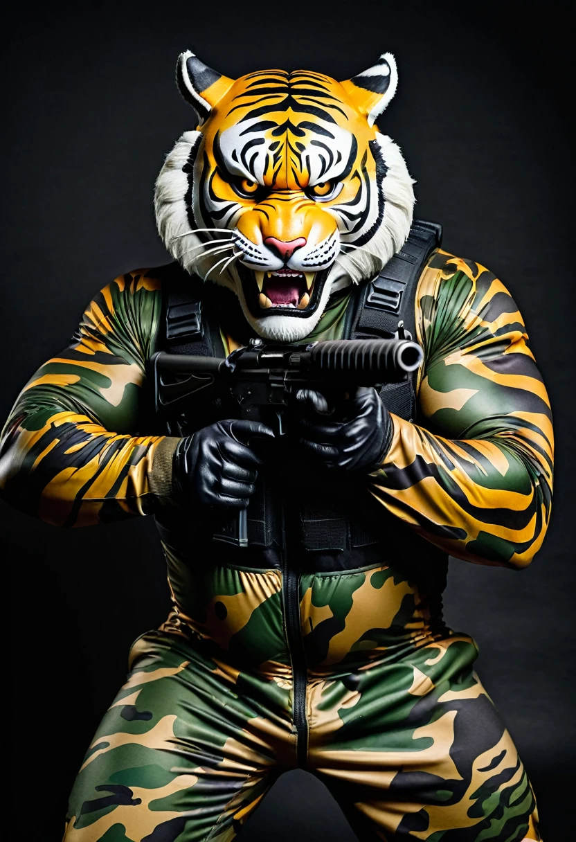 (a dark-skinned fat muscular old man in a bulky camouflage zipper diver suit) shooting with a gun and (wearing roaring siberian tiger mask that show the wearer eyes), muscular, Basuki Abdullah, sumatraism, action, a character portrait, heroic, fierce, snarling, flexing his biceps
