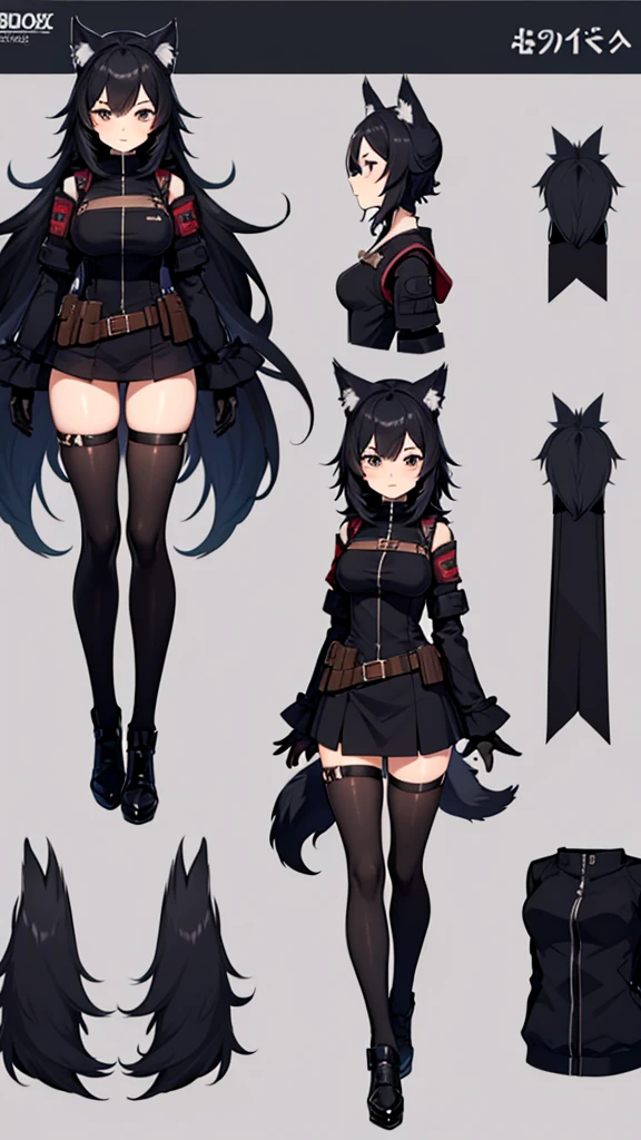 (CHARACTERSHEET:1) (MULTIPLE VIEWS FULL BODY UPPER BODY REFERENCE SHEET:1) Cute Girl, Anime Girl, Black Hair, Wolf ears, Wolf Tail, Tactical outfit (CharacterSheet:1), (multiple views full body upper body reference sheet:1)