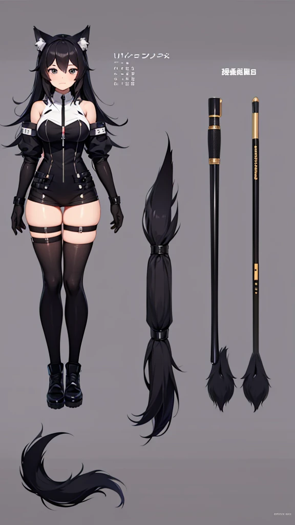 (CHARACTERSHEET:1) (MULTIPLE VIEWS FULL BODY UPPER BODY REFERENCE SHEET:1) Cute Girl, Anime Girl, Black Hair, Wolf ears, Wolf Tail, Tactical outfit (CharacterSheet:1), (multiple views full body upper body reference sheet:1)
