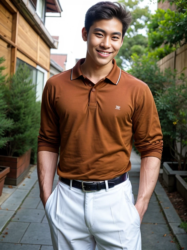 (best quality, 4K, 8k, high resolution, Masterpiece: 1.2), Special details, (realistically, As realistic as a photo, photo realistic: 1.37), Edge lighting, Extra detailed coloring, sharp focus, Physical rendering ,Extremely detailed description,professional,light color,Bokeh,Portrait,look at the viewer, Young Asian man, 20 years old ,(wearing a brown polo shirt), smile ,Wide yard