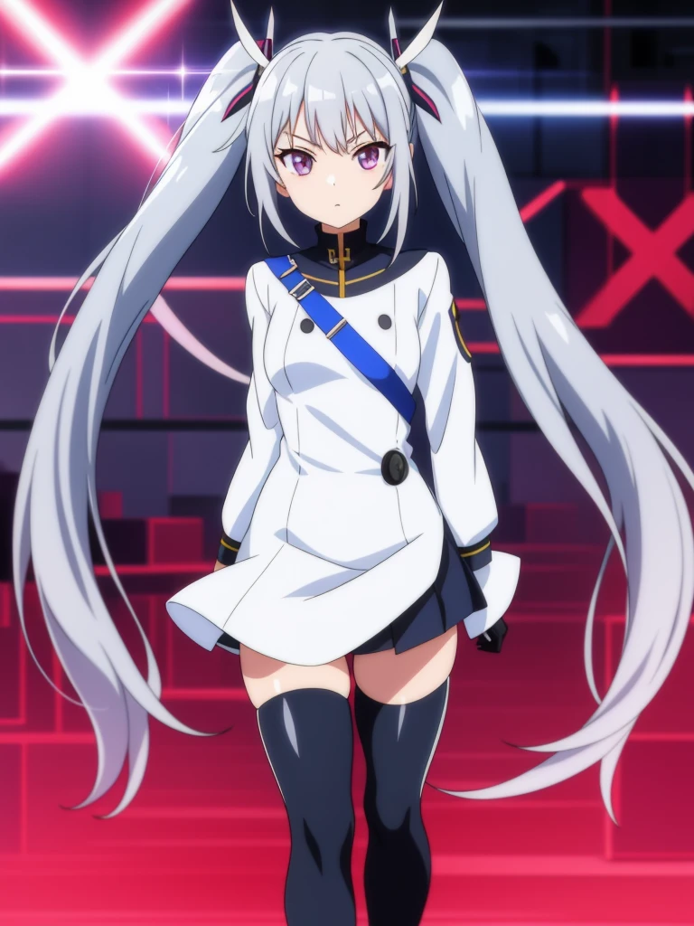 1girl, anime girl, silver hair, long twintails, silver eyes, cyber school outfit