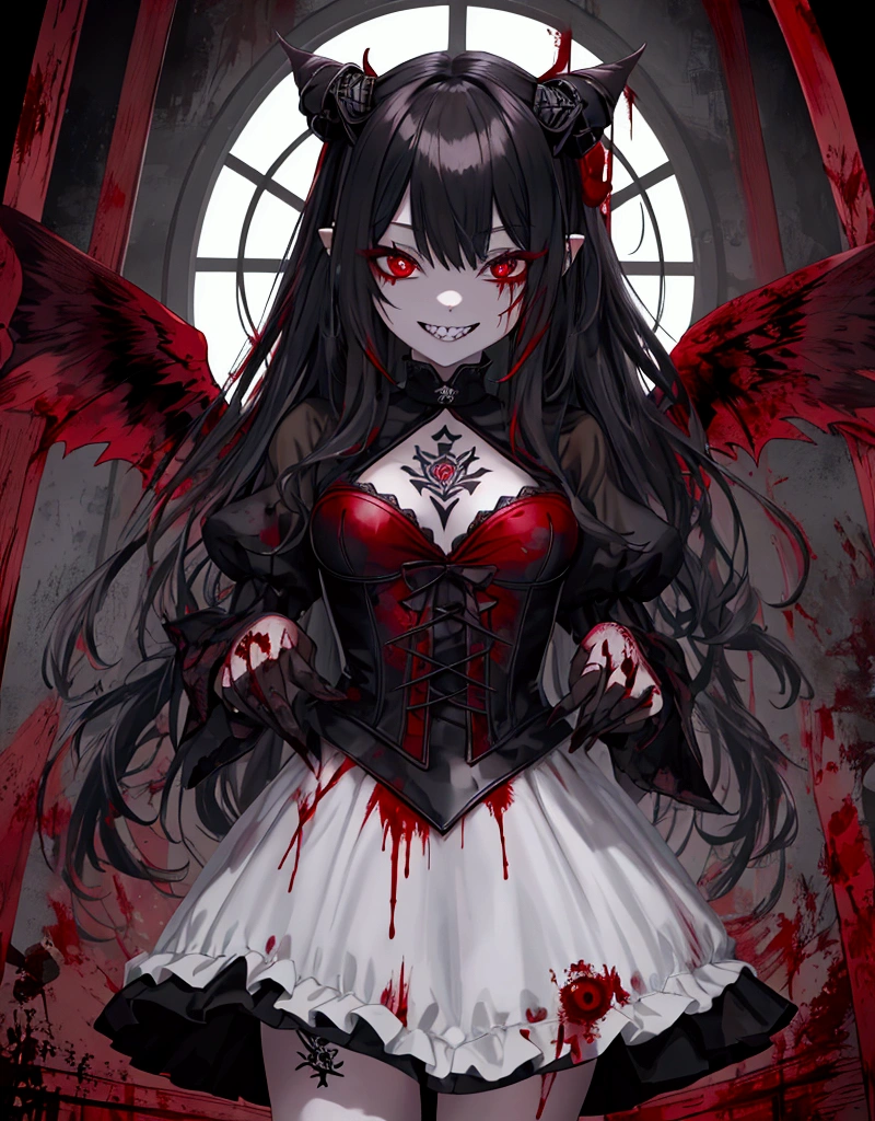 anime girl con Bright red eyes and a scary face, 邪悪なsmile y ojos brillantes, with Bright red eyes, con Bright red eyes, With bright eyes, Red eyesが輝いている, Portrait Gapmoe Yandere Grimdark, Bright eyes and mouth, Gap Moe Yandere Grimdark, 邪悪なsmile, 明るくShinedevilの目, Bright red eyes, Anime Monster Girl　, score_9, score_8_superior, score_7_superior, score_6_superior,Insanity,score_9,Insanity,score_9,One girl,alone,Long Hair,View your viewers,smile,Red eyes,Gray Hair,teeth,Grin,Blood,Shine,Shine eyes,skull,
(Highest quality,4K,High resolution,masterpiece:1.2),Very detailed,(masterpiece: 1.2, Highest quality),Long black hair, (Best lighting, とても繊細でbeautiful), (Best lighting, とても繊細でbeautiful), (Beautifully detailed face), (Eyes and face with attention to detail: 1.2), , Dynamic Lighting, edgClussy_Female exe, Exe, teeth, Horror (theme), Red eyes, smile, sharp teeth, Shine, dark, Blood, tongue, Grin, Shine eyes, evil smile,Dark fantasy, (Young girl,  Beast, One Girl, alone, クレイジーなsmile, Pale skin, ((Big tattoos all over the body)), Gray Hair, Red glowing eyes, Dynamic Angle, 吸Blood鬼), ( Get a 吸Blood鬼 castle in the background), (Red Moon, Red Sky), pointed_ear, teeth, devil&#39;wing, devil horns, 顔にBloodがついていた., Bloodの雨, Bloodの霧, (Written boundary depth), High Contrast, (Bloodしぶき: 1.4), Cowboy Shot, whole body,,Spooky altar background,Dark fantasy,Red color scheme,Ominous atmosphere,Eye-catching,Storytelling,anatomy,Anime Style,Concept Art,beautiful細部までこだわった顔と (((Red eyes ))),A terrifying ritual ,devilの儀式,Premature death,Misconduct,クレイジーなsmile,Scythe Face,Girl Monster, beautiful, Delicate facial features, Sharp Eye, Sharp Fangs, Pale skin, Thick chain, dark背景, Cinema Lighting, Dramatic Shadows, Gothic style, Gloomy atmosphere, Dark fantasy, One Girl, , Please open your mouth wide, 口を開けてteethをむき出しにする,獣のような鋭いteeth, Wide lips, very wide mouth, Vermilion cheeks, ,(Bloodしぶき:1.4),怖いsmile, smile,Fallen angel design, ねじれたsmile、Bloodまみれの、頭からの出Blood,,、Bloodしぶき、,(Bloodしぶき:1.4),Crossbones, skull,Horrorスタイル, ((Fantasy Fallen Angel Costume)), ((Flowing black hair)), ,(Bloodしぶき:1.4),Female curves, Sexy flat stomach, Perfect hands, Perfect anime face, ((White Lolita Dress)), Are standing, ((邪悪なsmile)), ,(Bloodしぶき:1.4), Steam circulates, Moonlight Illumination, night lighting, disaster々新しいdevilの角,,(Bloodしぶき:1.6),アニメFallen angel design, ねじれたsmile、Bloodまみれの、頭からの出Blood,,、Bloodしぶき、,(Bloodしぶき:1.4),Crossbones, skull,Gothic architecture、Western architecture、Fantasy World、,Victorian cities, Skeleton Gas Light,