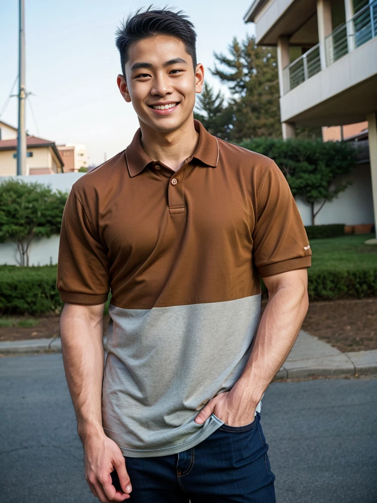 (best quality, 4K, 8k, high resolution, Masterpiece: 1.2), Special details, (realistically, As realistic as a photo, photo realistic: 1.37), Edge lighting, Extra detailed coloring, sharp focus, Physical rendering ,Extremely detailed description,professional,light color,Bokeh,Portrait,look at the viewer, Young Asian man, 20 years old ,(wearing a brown polo shirt), smile ,Wide yard