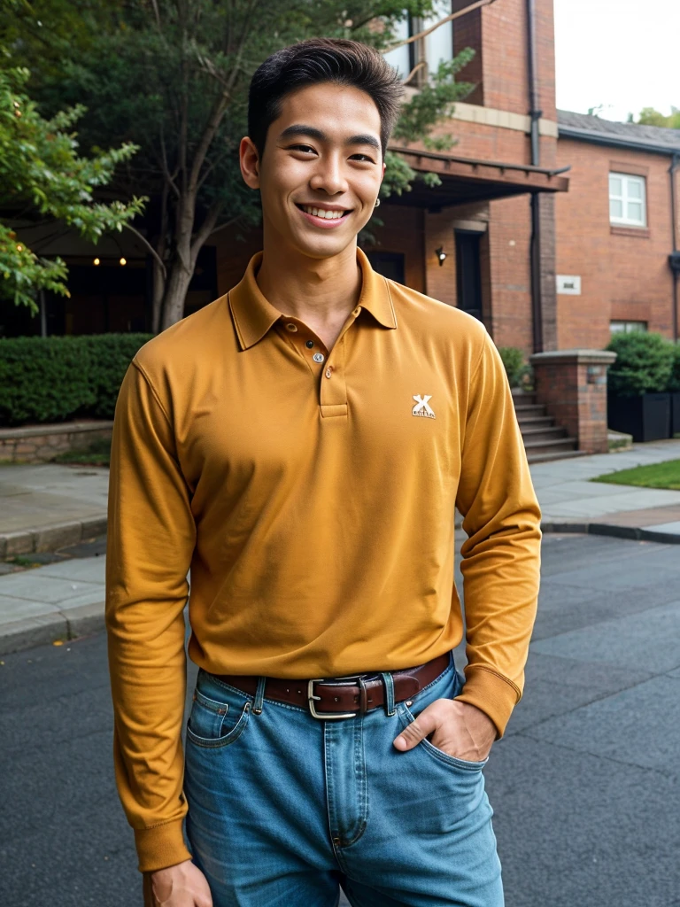 (best quality, 4K, 8k, high resolution, Masterpiece: 1.2), Special details, (realistically, As realistic as a photo, photo realistic: 1.37), Edge lighting, Extra detailed coloring, sharp focus, Physical rendering ,Extremely detailed description,professional,light color,Bokeh,Portrait,look at the viewer, Young Asian man, 20 years old ,(wearing a brown polo shirt), smile ,Wide yard