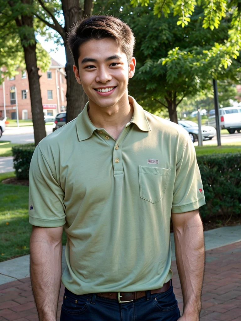 (best quality, 4K, 8k, high resolution, Masterpiece: 1.2), Special details, (realistically, As realistic as a photo, photo realistic: 1.37), Edge lighting, Extra detailed coloring, sharp focus, Physical rendering ,Extremely detailed description,professional,light color,Bokeh,Portrait,look at the viewer, Young Asian man, 20 years old ,(wearing a brown polo shirt), smile ,Wide yard