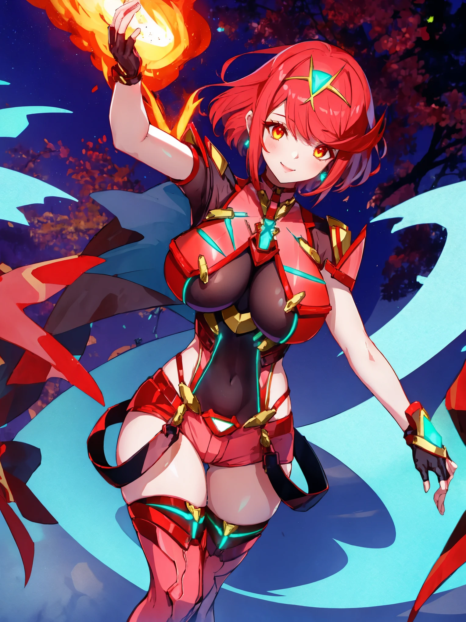 pyra \(xenoblade\), young_teen_1girl, armor, bangs, black gloves, breasts, red eyes, closed mouth, earrings, eyelashes, fingerless gloves, floating hair, framed breasts, gem, gloves, hair ornament, headpiece, jewelry, big_breasts, leaning back, leotard, neon trim, official art, pose, red hair, red shorts, saitou masatsugu, short hair, short shorts, short sleeves, shorts, sidelocks, skin tight, solo, standing, swept bangs, thighhighs, tiara, night_prairie_background, turtleneck, underbust, vambraces, xenoblade chronicles \(series\), (xenoblade chronicles 2), apart_legs, fire_effect,dynamic_pose_fighting,light_smile, (plump:1.1), big_ass,huge_sword, hold_large_sword_hilt, solo, covered_nipples, covered_pussy,