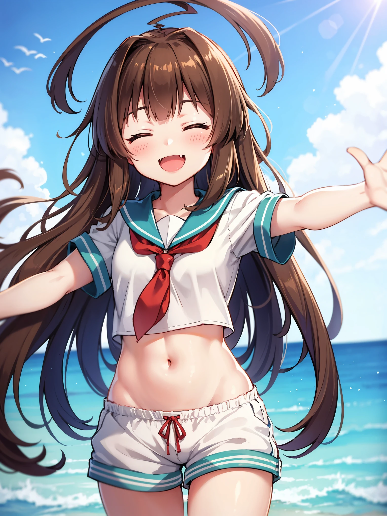 1young_teen_ girl,  brown_hair, long_hair, sailor_uniform,white_ baggy_shorts, short_sleeve, thighs, small_breasts, big_smile, open_mouth, fang, harbor_landscape_background, slightly_spread_legs, happiness, covered_crotch,ahoge,XD,exciting,dynamic_posing,closed_eyes