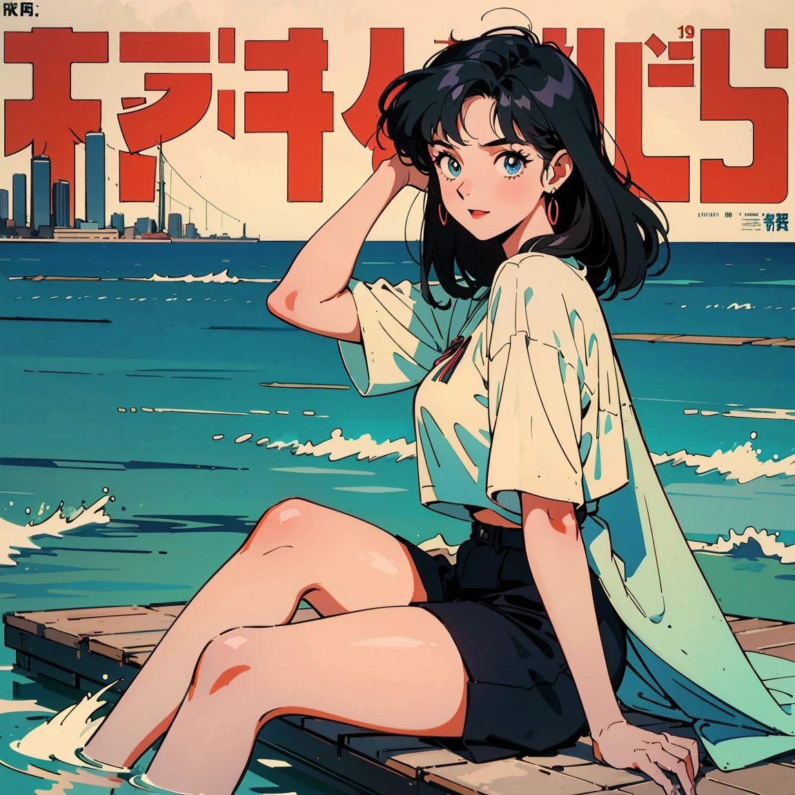 Best image quality, 1980s style animation, 21 year old girl, black hair, Permed hair, bright eyes, Pretty Eyes, eye line, retro, Summer Clothes, magazine cover, whole body , city , evening in the park, posing, So sexy, so pretty. 짙은 eye line, ocean, Ocean, Summer Vacation, good quality, Change to Japanese Kanji