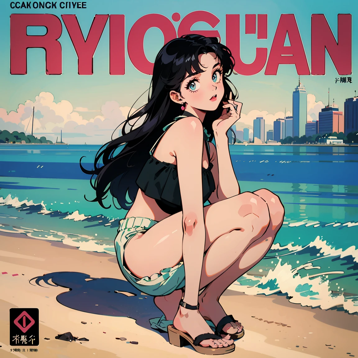 Best image quality, 1980s style animation, 21 year old girl, black hair, Permed hair, bright eyes, Pretty Eyes, eye line, retro, Summer Clothes, magazine cover, whole body , city , evening in the park, posing, So sexy, so pretty. 짙은 eye line, ocean, Ocean, Summer Vacation, good quality, Change to Japanese Kanji