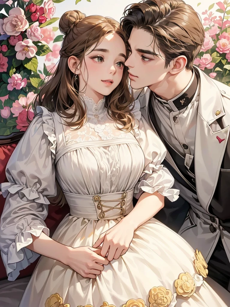 (table top, digital illustration, 4k, 8k, Super detailed, beautiful images, clear image,  perfect face, perfect lines, perfect eyes, soft lighting) 1 female, (light brown hair,bun hair,innocent look,droopy eyebrows,droopy eyes、With a round face,round chin、innocence,cute,Big eyes,natural makeup,smile gently,E cup,23 years old:1.3),Two handsome men in suits, (human,man in suit,muscular,solid shoulder width,  boyish hairstyle,A man in his 30s with a cool expression,28 year old man with a bright smile:1.2),garden full of light、lots of flowers、Squirting、colorful flower light,(embarrassing,shy smile:1.2),resort sofa,kiss、カップルkiss、romance porn、couple of man and woman looking at each other、In battle、Afternoon tea、lunch