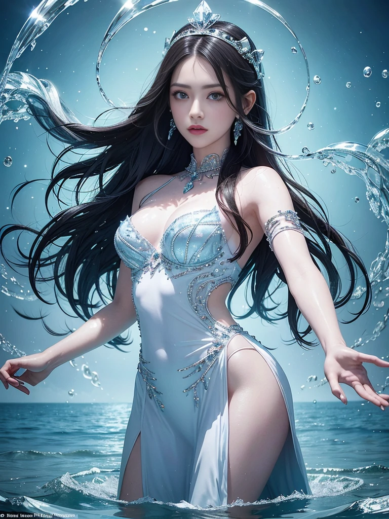 tmasterpiece,top-quality,optimum,offcial art,Beautiful and aesthetic,Long exposure:1.2),Smooth movement,Charming Patterns, 1 girl,Adult Russian woman,freckle,Jade Eyes,Black lob hair, sportrait,solo,The upper part of the body,Gaze the observer,detailedbackground,Detailed face,(crystallineAI, crystalline theme:1.1),Elemental Water Elves,Swirl water,Control the water,Fantasy magician's clothes,dynamicposes,particles floating,Ethereal power,water,vaporous,the ocean in the background,blue tint,shores,Ethereal atmosphere,