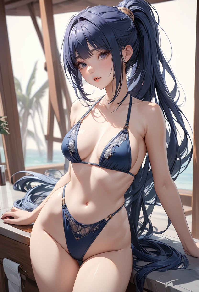 ultra detailed, hyper detailed, best quality, highres, 4K , master piece, 1 female, 20-year-old, swimsuit, hime cut, ponytail, very long hair