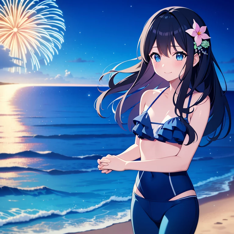 Masterpiece, Best quality, Highest quality, 4K, Anime couple, One girl, One boy, Boy wears blue pants swimsuit, Girl wears bikini, detailed eyes, deteailed face, Blue-headed flower, Blue Eyes, Girl has long Brown hair, Boy has short Black hair, fireworks, Beach, Smile, Night Sky, Walk by the sea, blush faces, holding hands