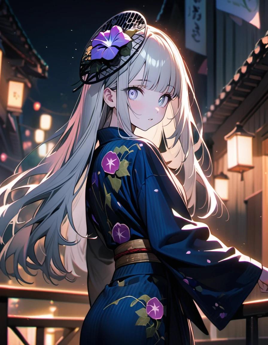 (8K, best quality, master piece: 1.2),super high resolution,1 girl,solo,16yo,ultra-detailed face,detailed eyes,silver eyes,blunt bangs,silver hair,Straight hair,Long hair,pale skin,astonished,(black Fascinator),lash extension,parted lips,Morning glory flower pattern navy blue yukata,Japanese clothes,(long sleeve, long hem),cowboy shot,Looking back at the viewer,Extending her hand,BREAK,pink rim light,Night view, fireworks shining in the night sky