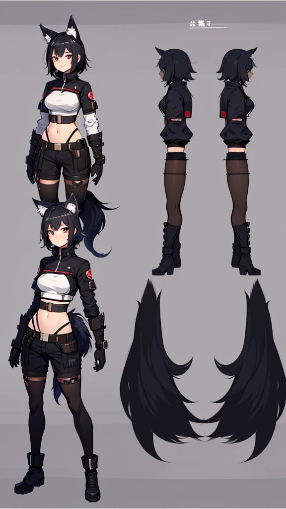 (CHARACTERSHEET:1) (MULTIPLE VIEWS FULL BODY UPPER BODY REFERENCE SHEET:1) Cute Girl, Anime Girl, Black Hair, Wolf ears, Wolf Tail, Tactical outfit (CharacterSheet:1), (multiple views full body upper body reference sheet:1)