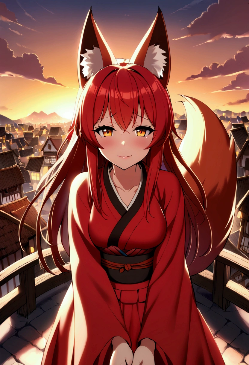 1girl with long red hair, amber eyes, fox ears, fox tail, Lustful face, red kimono, fantasy world town in background, POV, evening