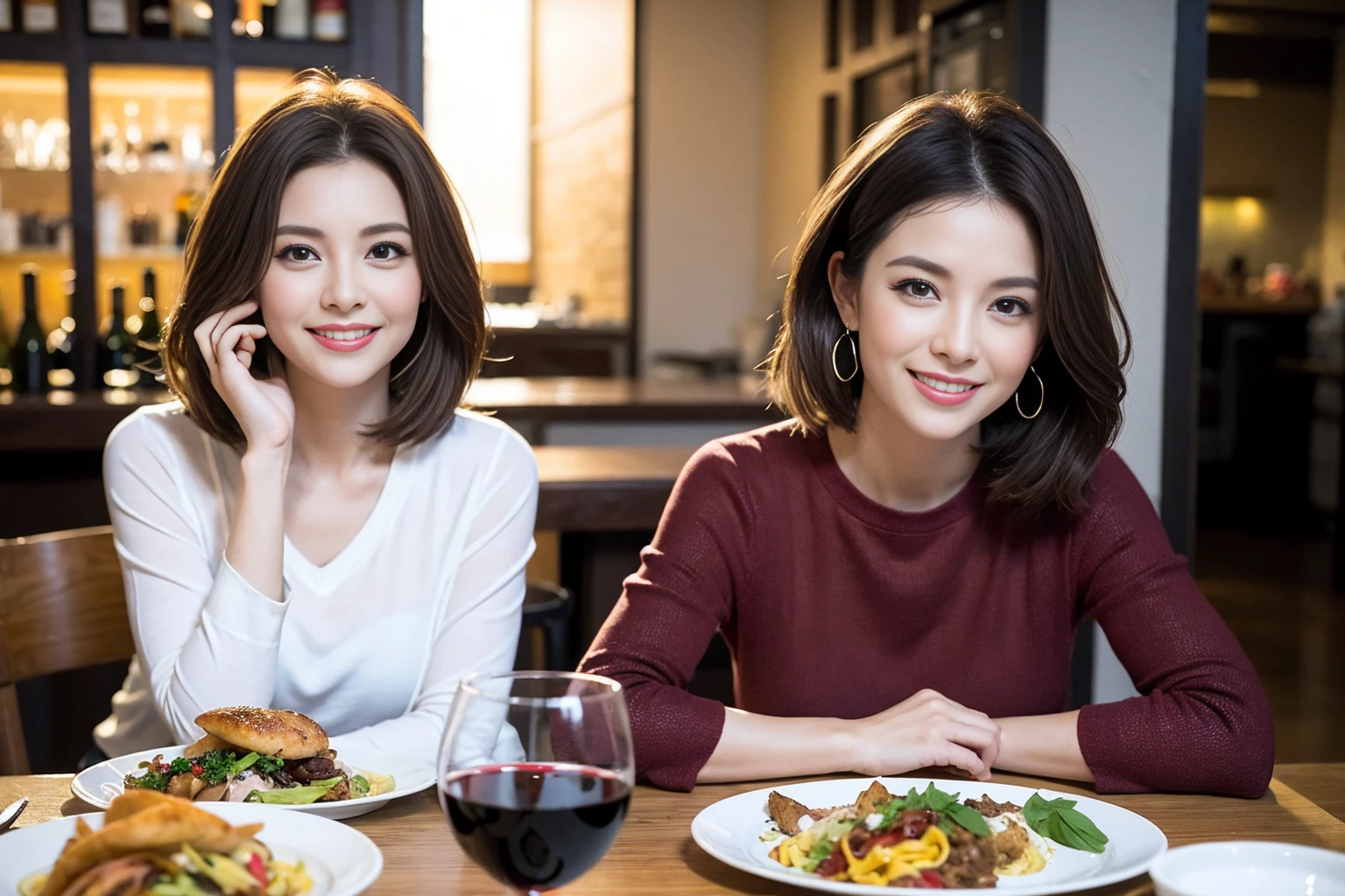 (Realistic:1.1),(masterpiece,Highest quality),8k,(40 years old), 42 years old, slimカップル、Model Couple、actress/actor、Tight waist,Upper Body,full-course dinner、wine 、Amazing view of the sunset sky and clouds、Perfect Anatomy, Brown Hair, short hair,Random Hairstyles,((Highly detailed face and eyes:1.2))(cute顔:1.4),美しいactressの顔,Perfect golden ratio face,Long sleeve shirt、dress,(smile:1.2)、Shortcuts、cute、(Realistic, Intricate details:1.2), A bright smile、short hair,Bright Face、赤wine 、Appetizers、Italian food、wine bottle、Champagne、スパークリングwine、(slimな顔), (The body is slim), (Brown Hair), (Shortcuts), Upper Body, 白wine, slim, wineグラス,