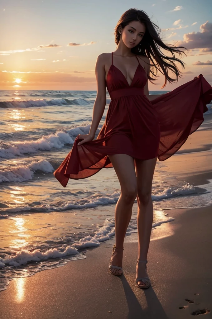 beautiful women in the red dress on the beach in sunset