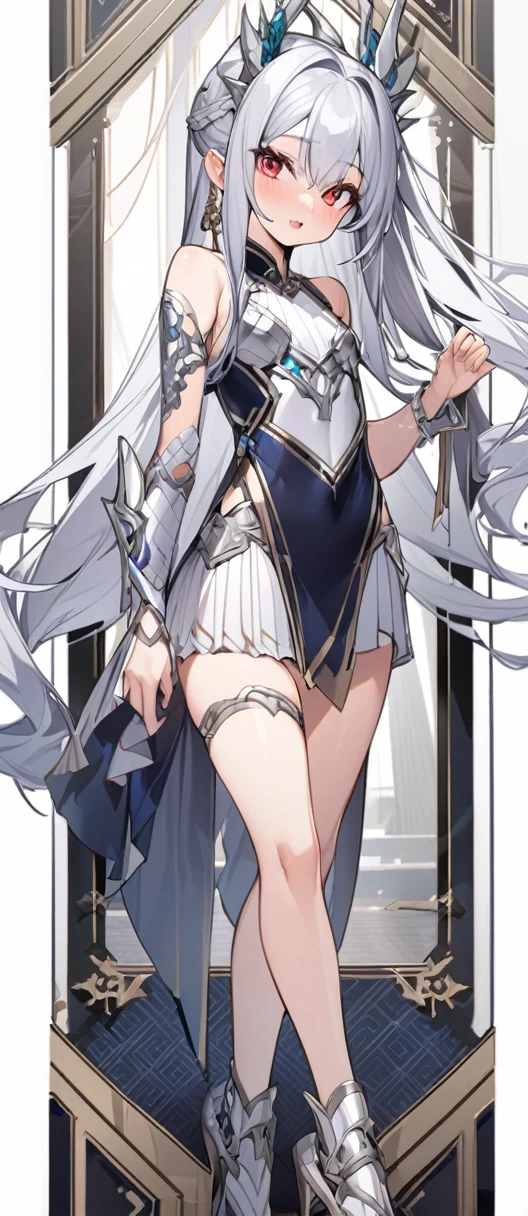 Silver Dragon Princess Character Design, woman, Silver long hair, 穿着白色蕾丝Fun短裙, Red Eyes, Small Frame, Very thin, detailed, best quality,Loli,Fun