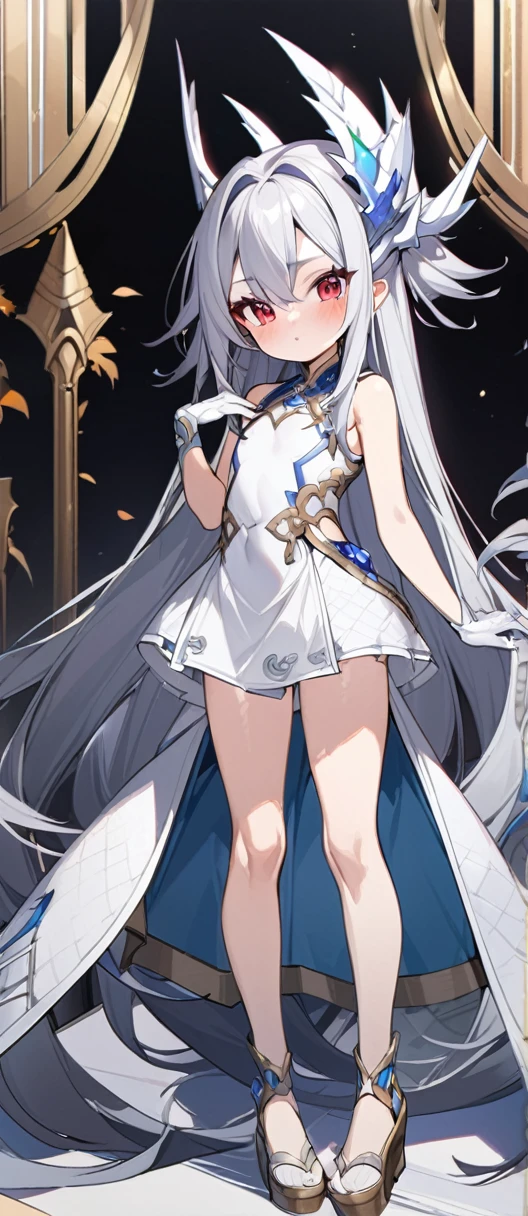 Silver Dragon Princess Character Design, woman, Silver long hair, 穿着白色蕾丝Fun短裙, Red Eyes, Small Frame, Very thin, detailed, best quality,,Fun