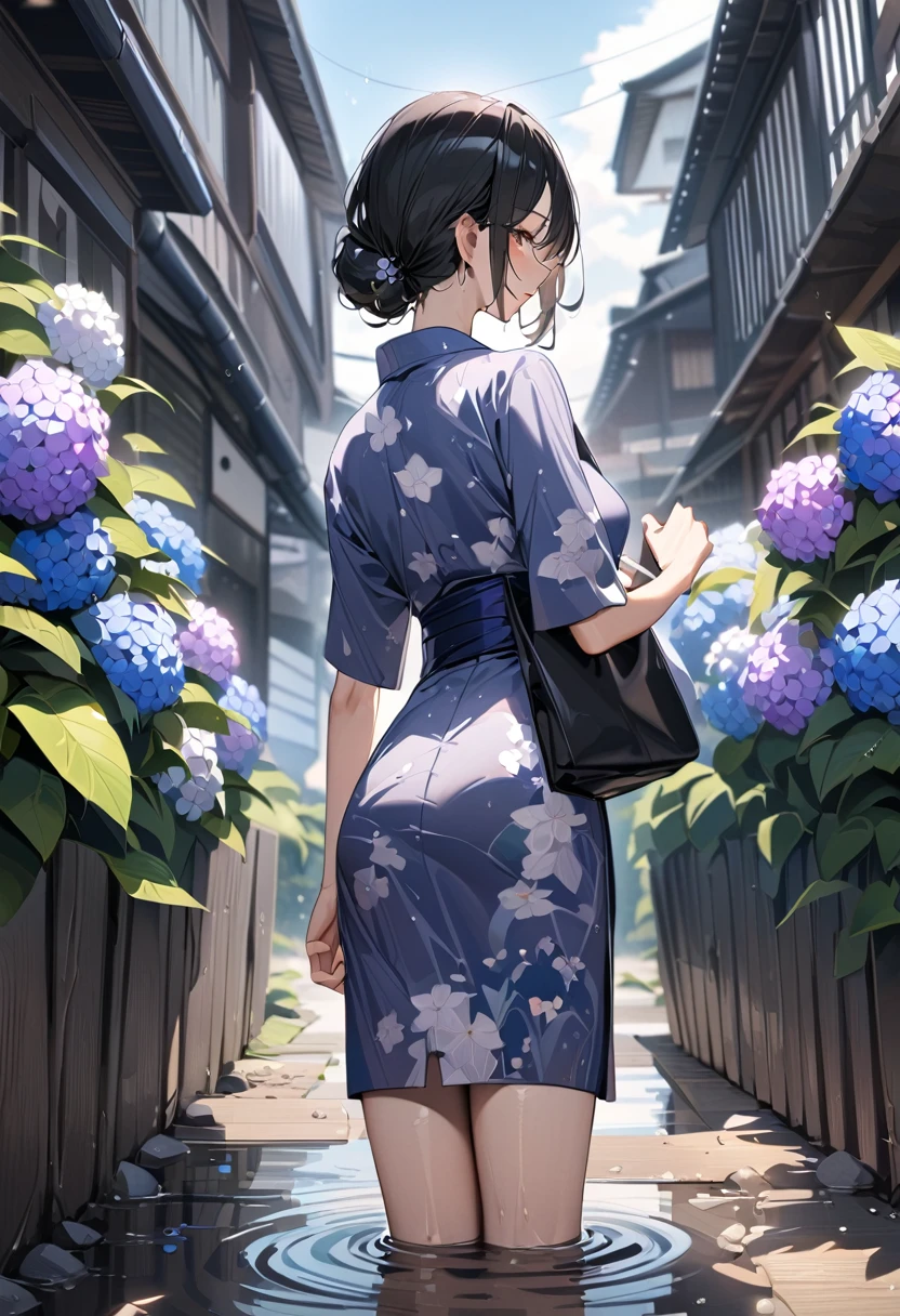 masterpiece , modern, Verism, masterpiece, super detail, best quality, 4K ,(One japanese woman:1.5), (Adult japanese women:1.5), (slender:1.3), Black Hair, Super short hair, Wearing a floral pattern yukata, Holding a white Japanese umbrella, Backshot, Look back at the camera, Hydrangea in the foreground, Looking at hydrangeas, Sky after rain, Puddle on the ground