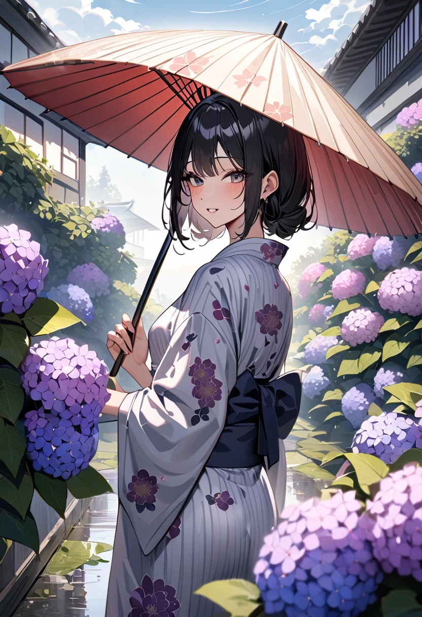 masterpiece , modern, Verism, masterpiece, super detail, best quality, 4K ,(One japanese woman:1.5), (Adult japanese women:1.5), (slender:1.3), Black Hair, Super short hair, Wearing a floral pattern yukata, Holding a white Japanese umbrella, Backshot, Look back at the camera, Hydrangea in the foreground, Looking at hydrangeas, Sky after rain, Puddle on the ground