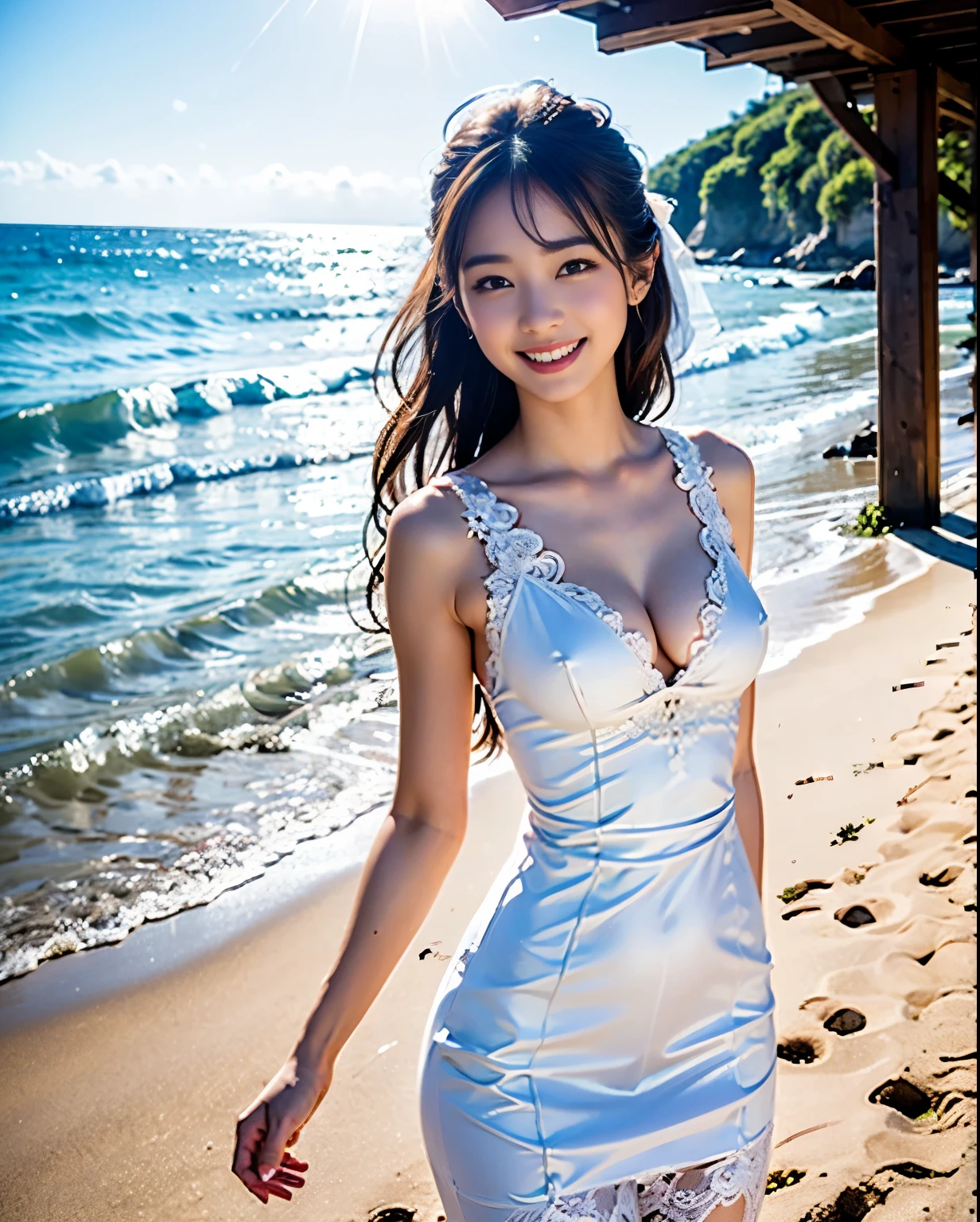 Low - Angle, whole body, Thigh Gap, (((art))), ((Lens flare)), ((Narrow waist)), (smile)),((19 years old),(((Small breasts)))))), ((colorful lace wedding dresses)))), (Skin sensation)))), (PhotoGenuineism: 6, Genuine)))), Perfect lower body shape,, Braiding, Pale skin, Watch Viewer, Beach, coastline, Wind, Wave, 8K Ultra HD, Digital SLR, Soft lighting, high quality, 最high quality, Ultra-high resolution, (photoGenuineistic: 1.4),