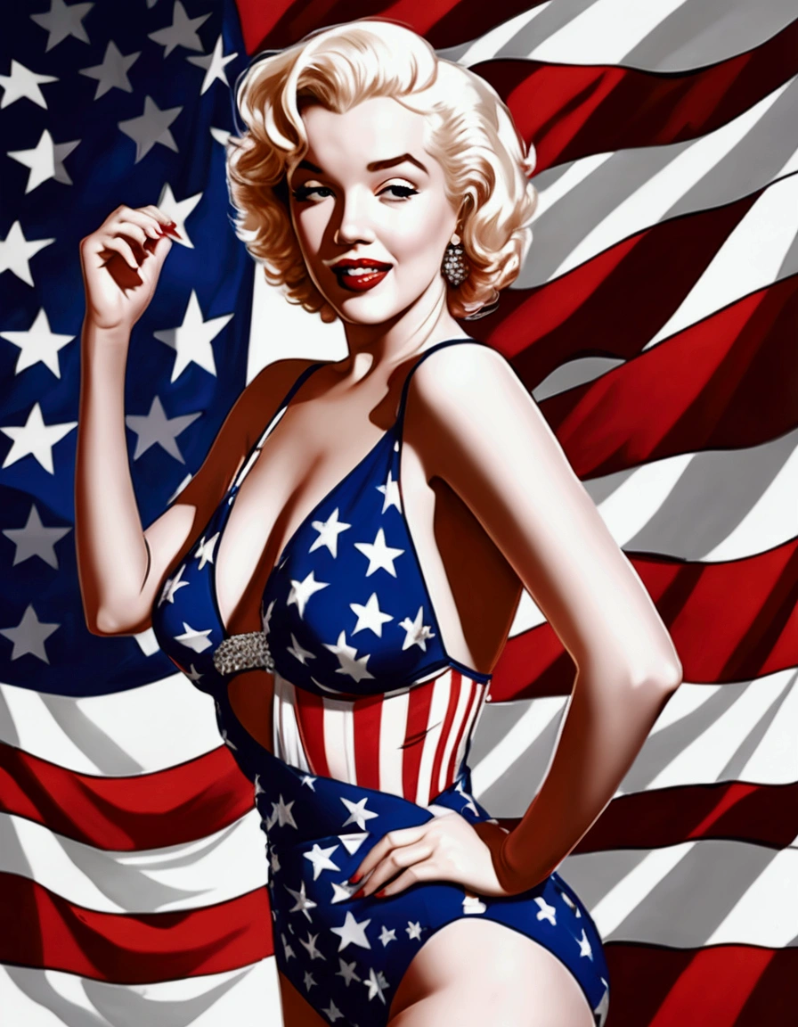 Marilyn Monroe, age 25, 50s style swimsuit american flag motif, waving a small american flag, American flag in background, sultry joyous pose