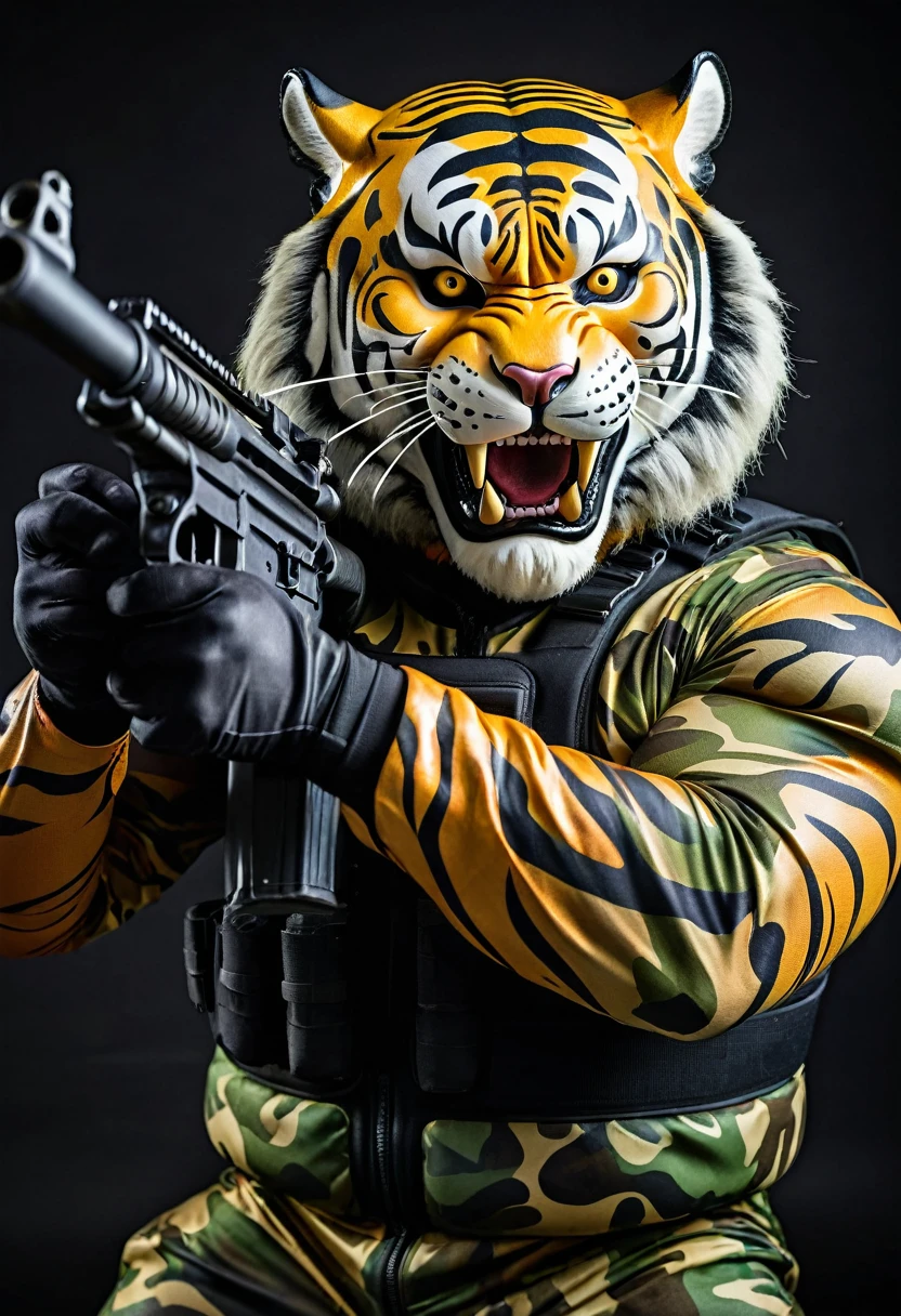 (a dark-skinned fat muscular old man in a bulky camouflage zipper diver suit) shooting with a gun and (wearing roaring siberian tiger mask that show the wearer eyes), muscular, Basuki Abdullah, sumatraism, action, a character portrait, heroic, fierce, snarling, flexing his biceps
