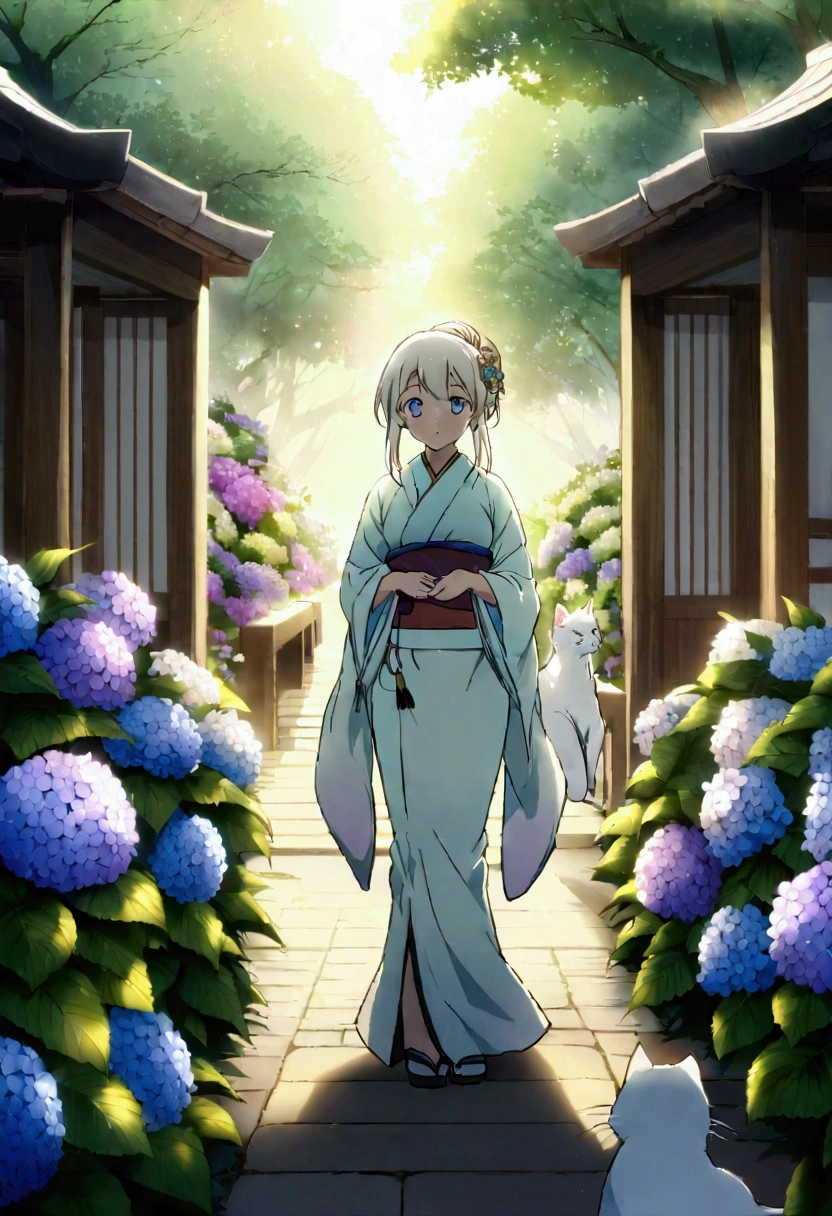 Please draw a scene of a white cat wearing a kimono at a shrine in an anime-like, fantastical style.。Beautiful hydrangea flowers are blooming in the background.。The white cat is wearing an elegant kimono.、Has a gentle and calm appearance。To create an overall dreamy atmosphere、Use soft colors and fantastic light and shadow effects。