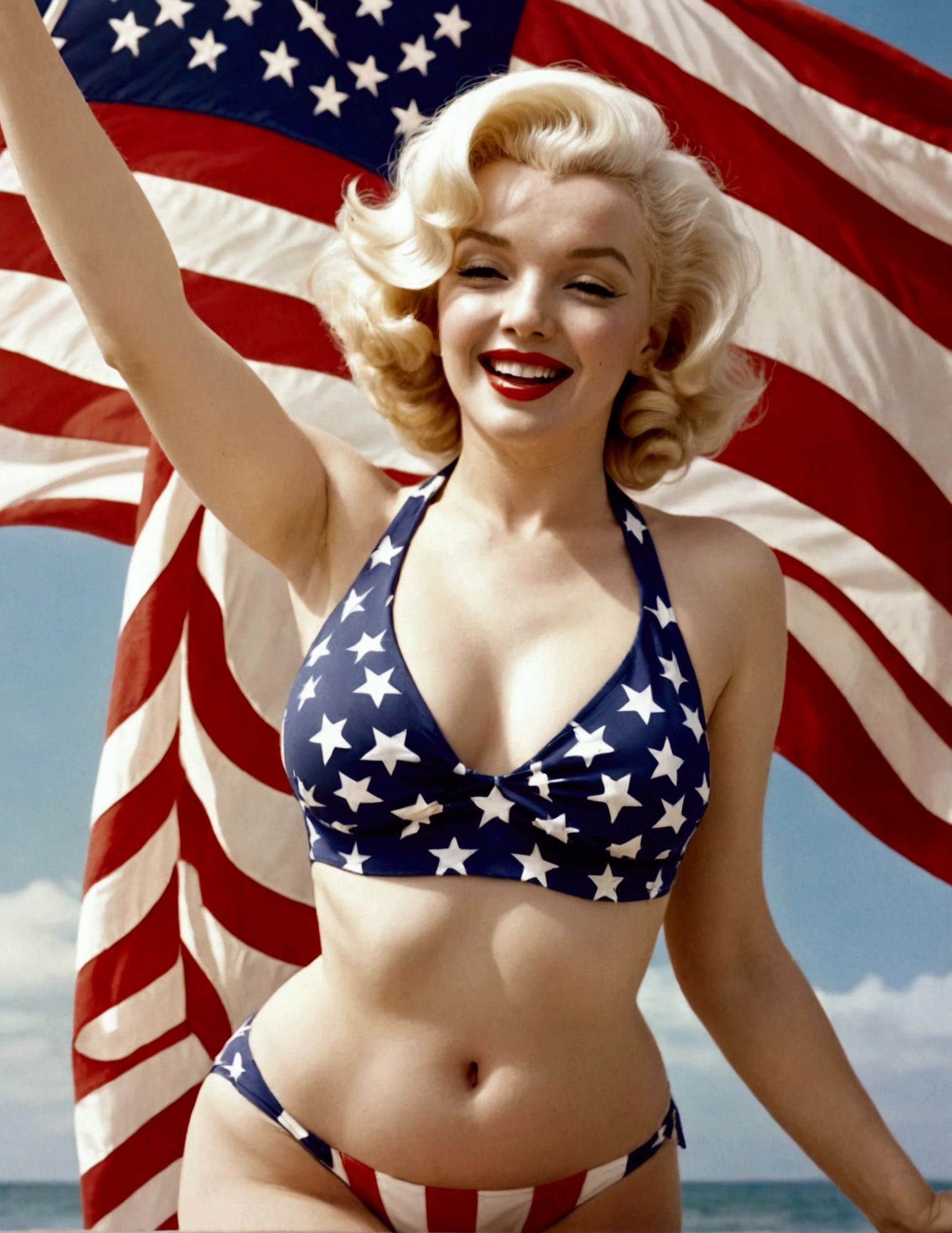 Marilyn Monroe, age 25, 50s style swimsuit american flag motif, waving a small american flag, American flag in background, sultry joyous pose