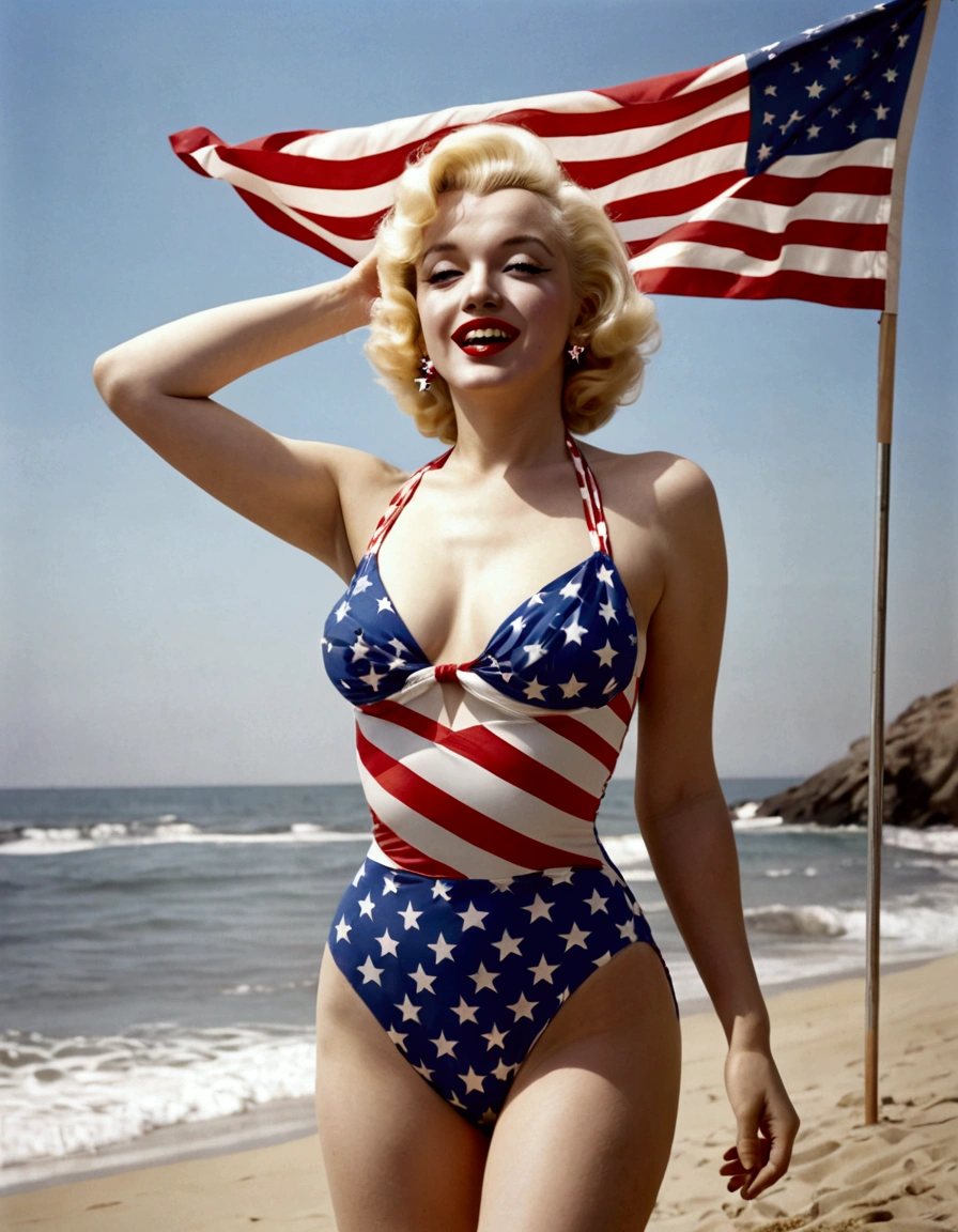 Marilyn Monroe, age 25, 50s style swimsuit american flag motif, waving a small american flag, American flag in background, sultry joyous pose
