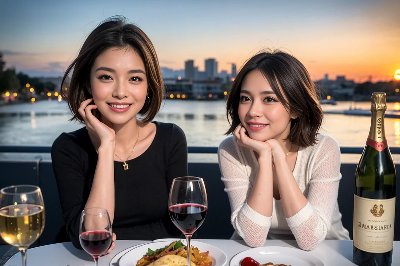 (Realistic:1.1),(masterpiece,Highest quality),8k,(40 years old), 42 years old, slimカップル、Model Couple、Actress/Actor、Tight waist,Upper Body,full-course dinner、wine 、Amazing view of the sunset sky and clouds、Perfect Anatomy, Brown Hair, Short Hair,Random Hairstyles,((Highly detailed face and eyes:1.2))(cute顔:1.4),Beautiful actress face,Perfect golden ratio face,Long sleeve shirt、dress,(smile:1.2)、Shortcuts、cute、(Realistic, Intricate details:1.2), A bright smile、short hair,Bright Face、赤wine 、Appetizers、Italian food、wine bottle、Champagne、スパークリングwine、(slimな顔), (The body is slim), (Brown Hair), (Shortcuts), Upper Body, 白wine, slim, wineグラス,