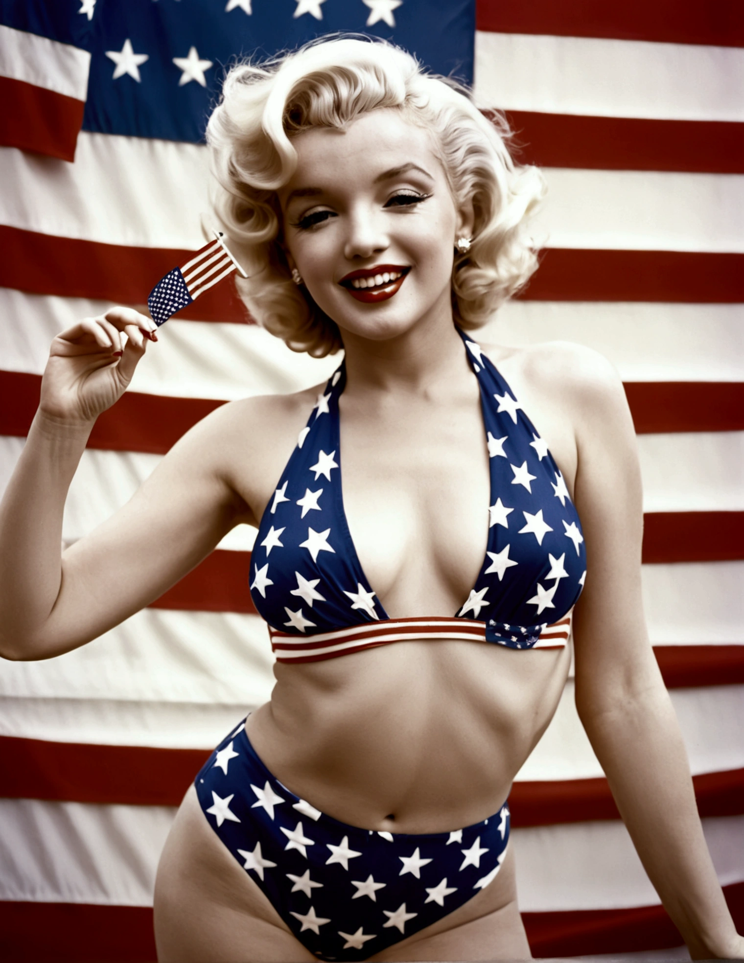 Marilyn Monroe, age 25, 50s style swimsuit american flag motif, waving a small american flag, American flag in background, sultry joyous pose